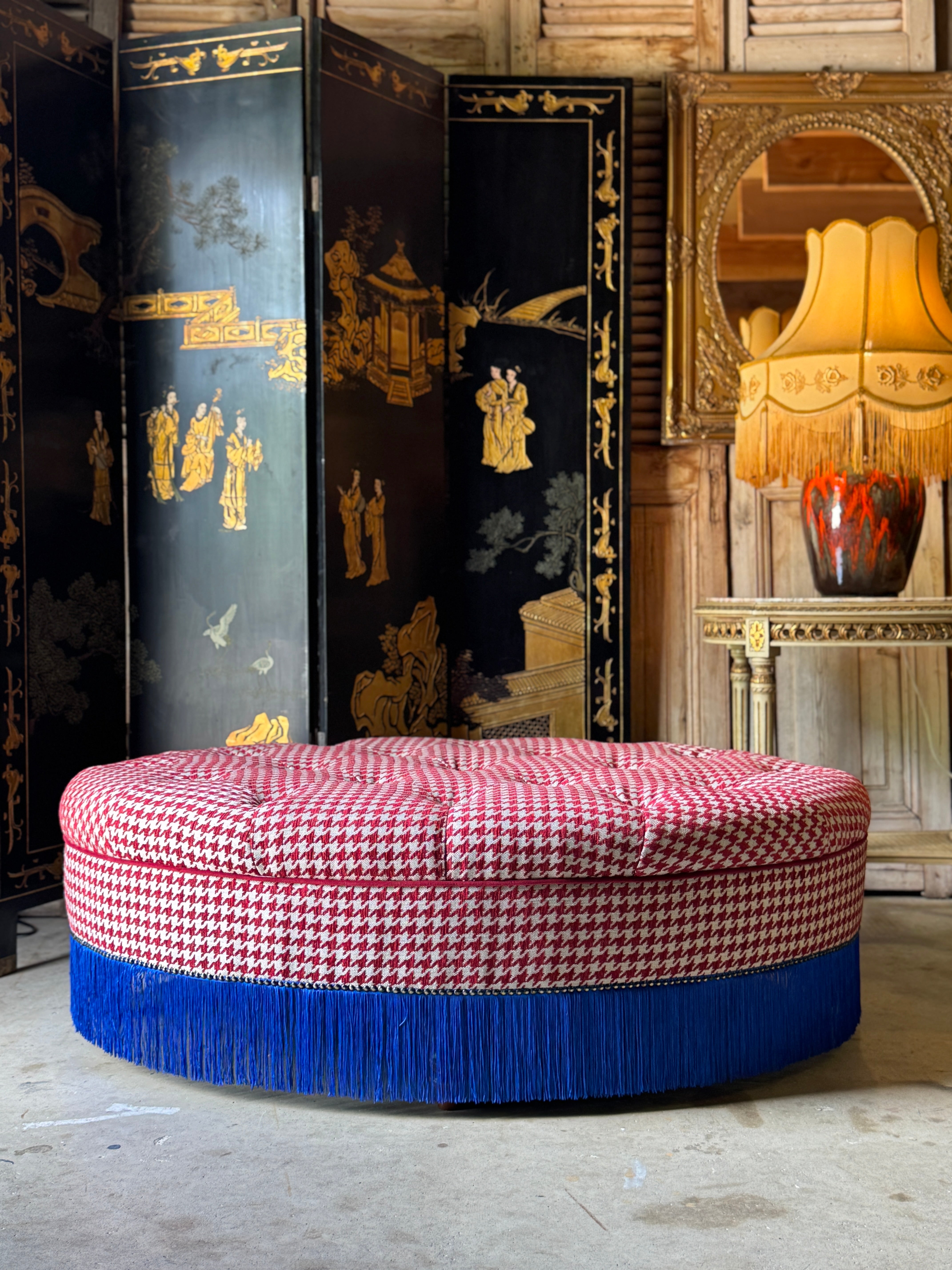 Large Diamond Buttoned Houndstooth Oval Ottoman