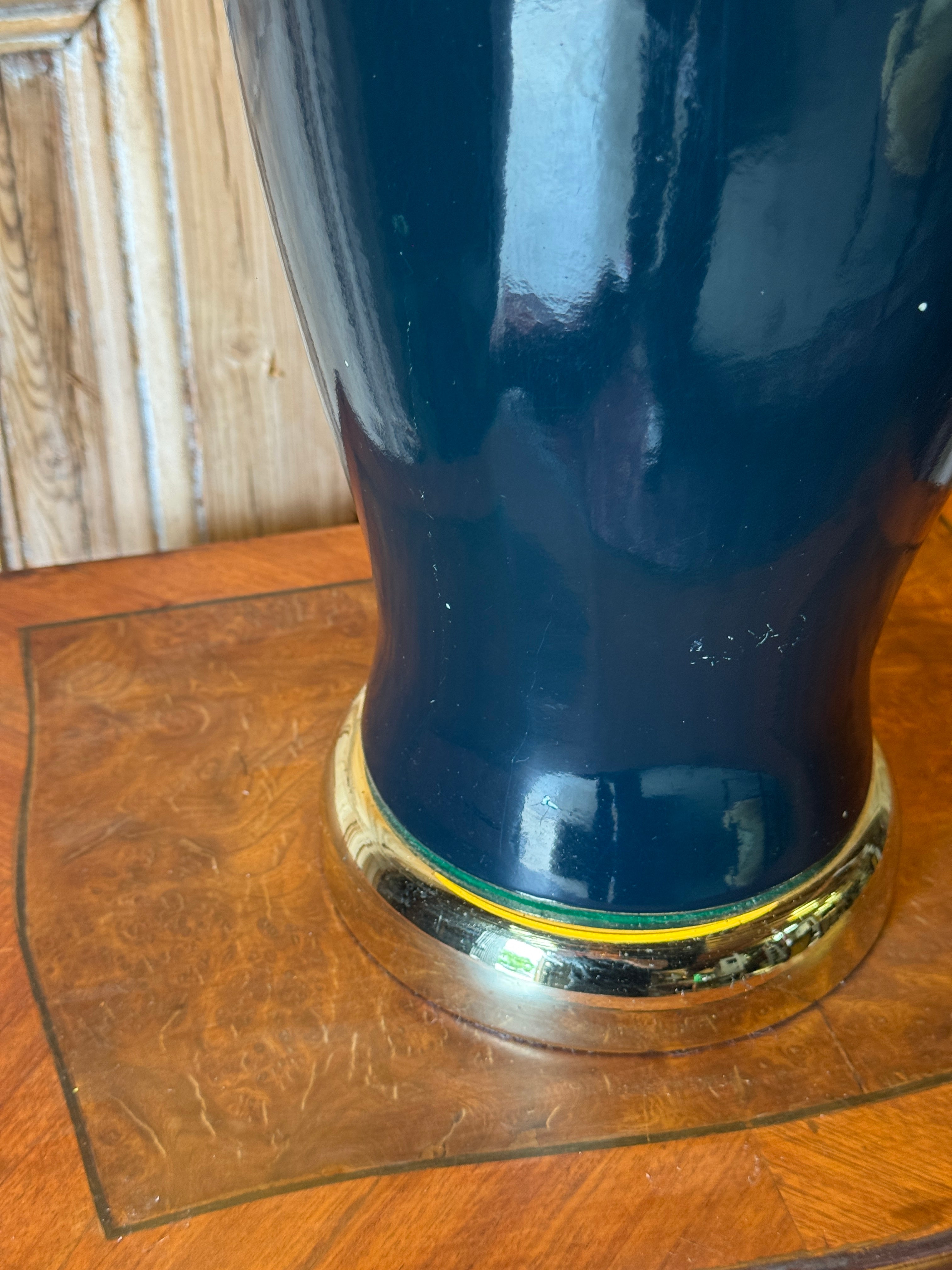 Vintage Porcelain Table Lamp With Brass Detail And Cream Shade