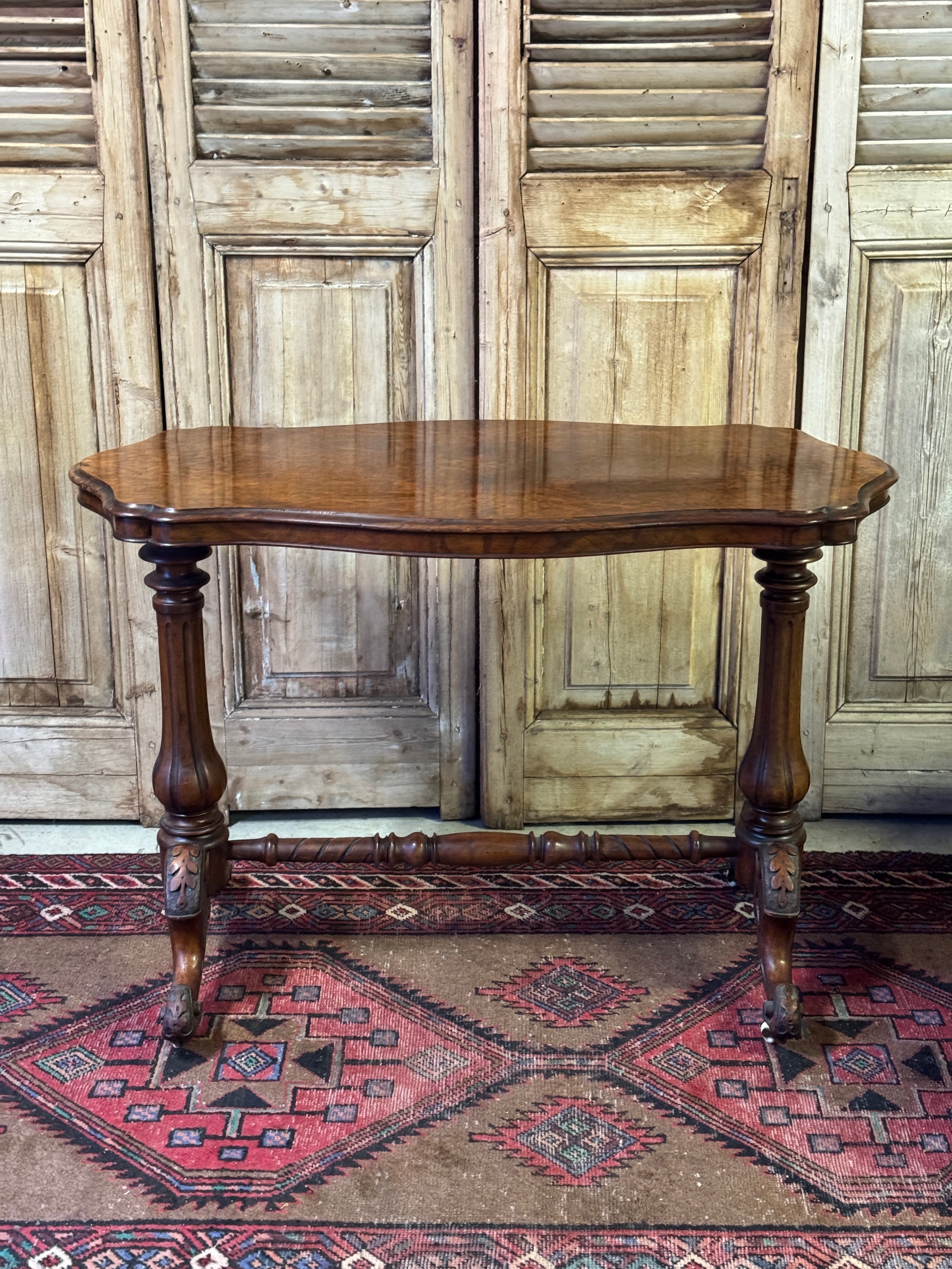 Antique Victorian Burr Walnut Console Table with Carved Stretcher Base