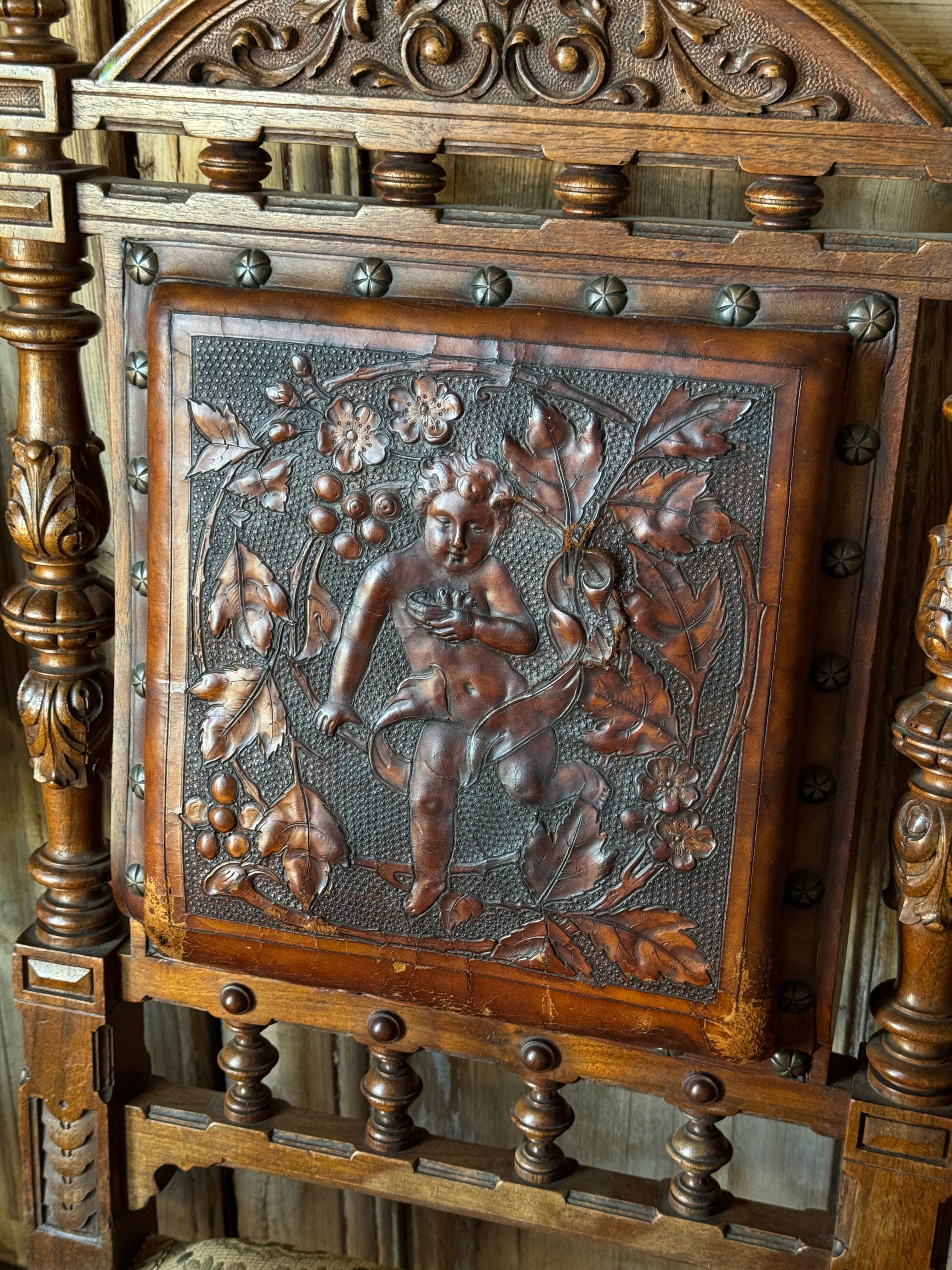 Set of 6 Antique 19th Century Renaissance Revival Dining Chairs with Embossed Leather Back Rests