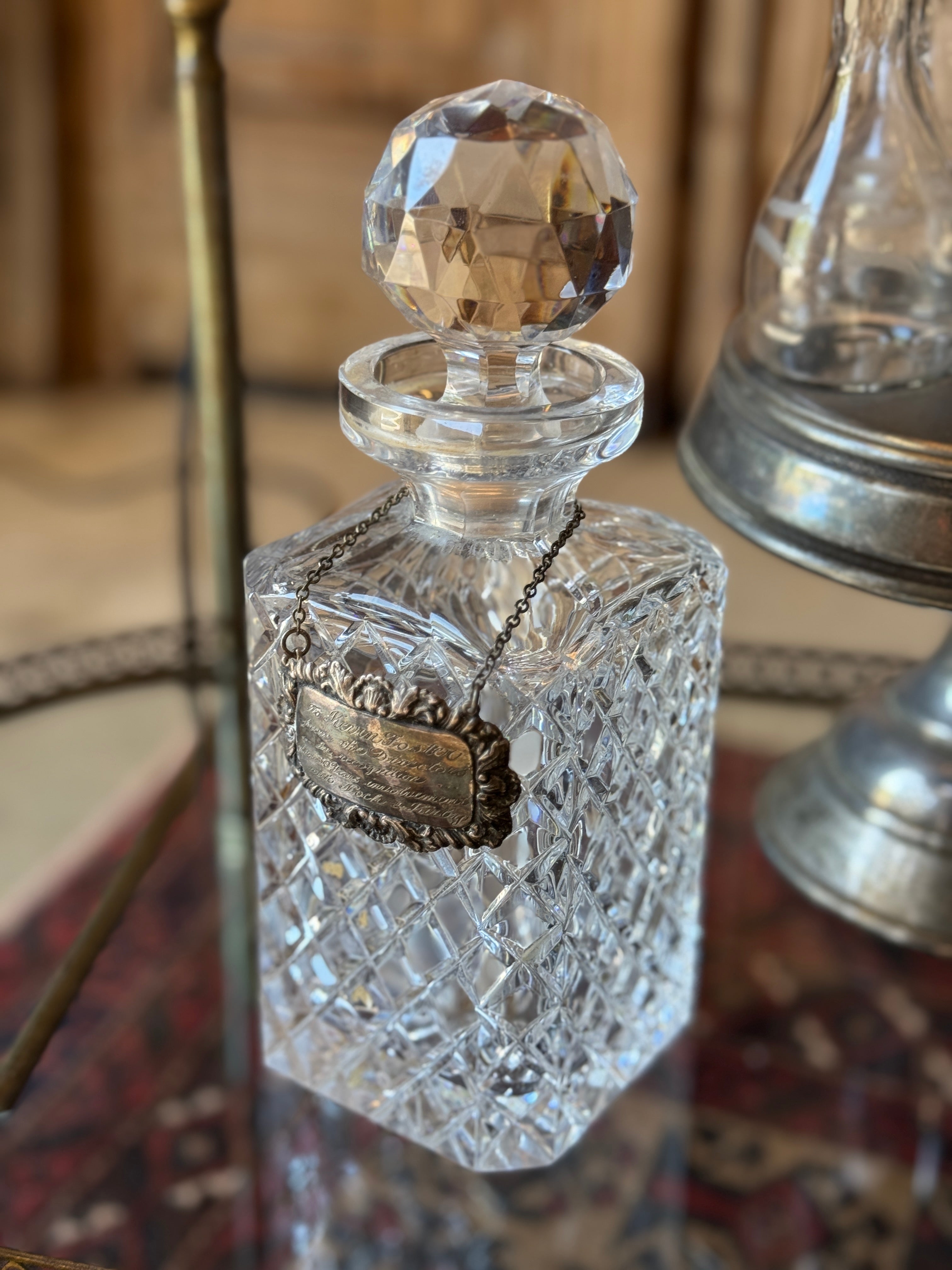 Vintage Cut Crystal Decanter with Silver Engraved Tag