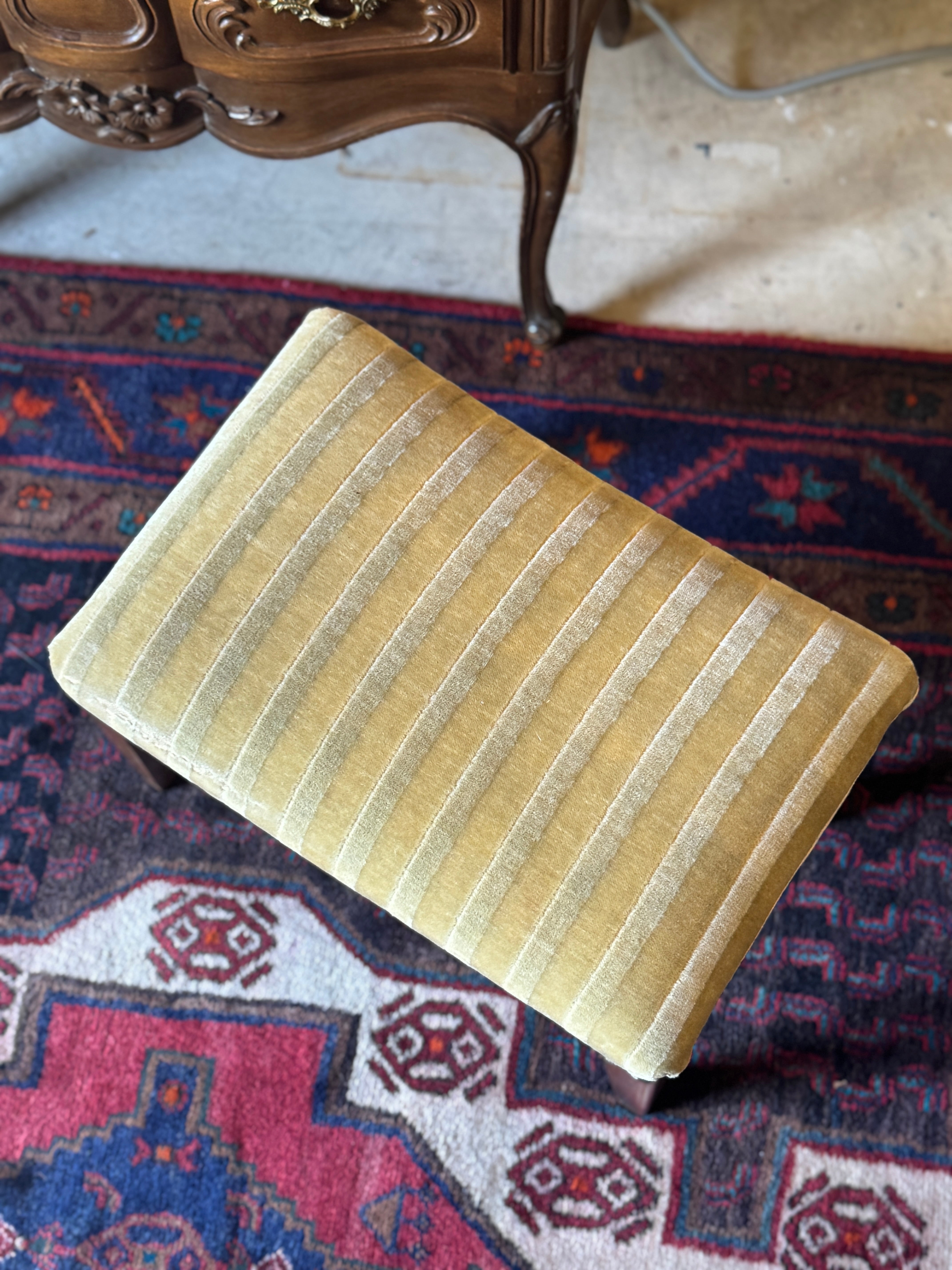 Vintage Oak Footstool with Original Striped Upholstery