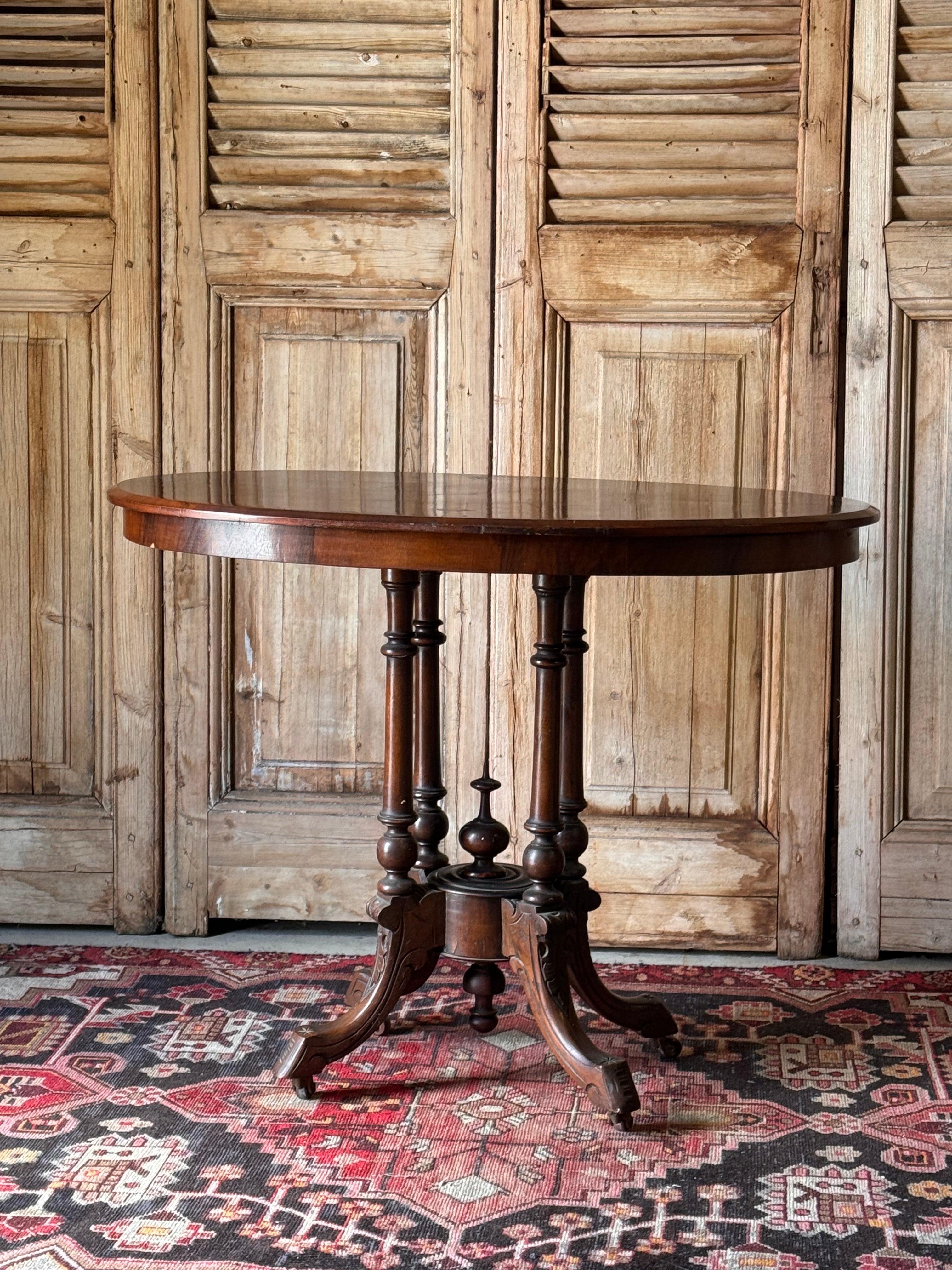 Antique Victorian Walnut Oval Table with Birdcage Base