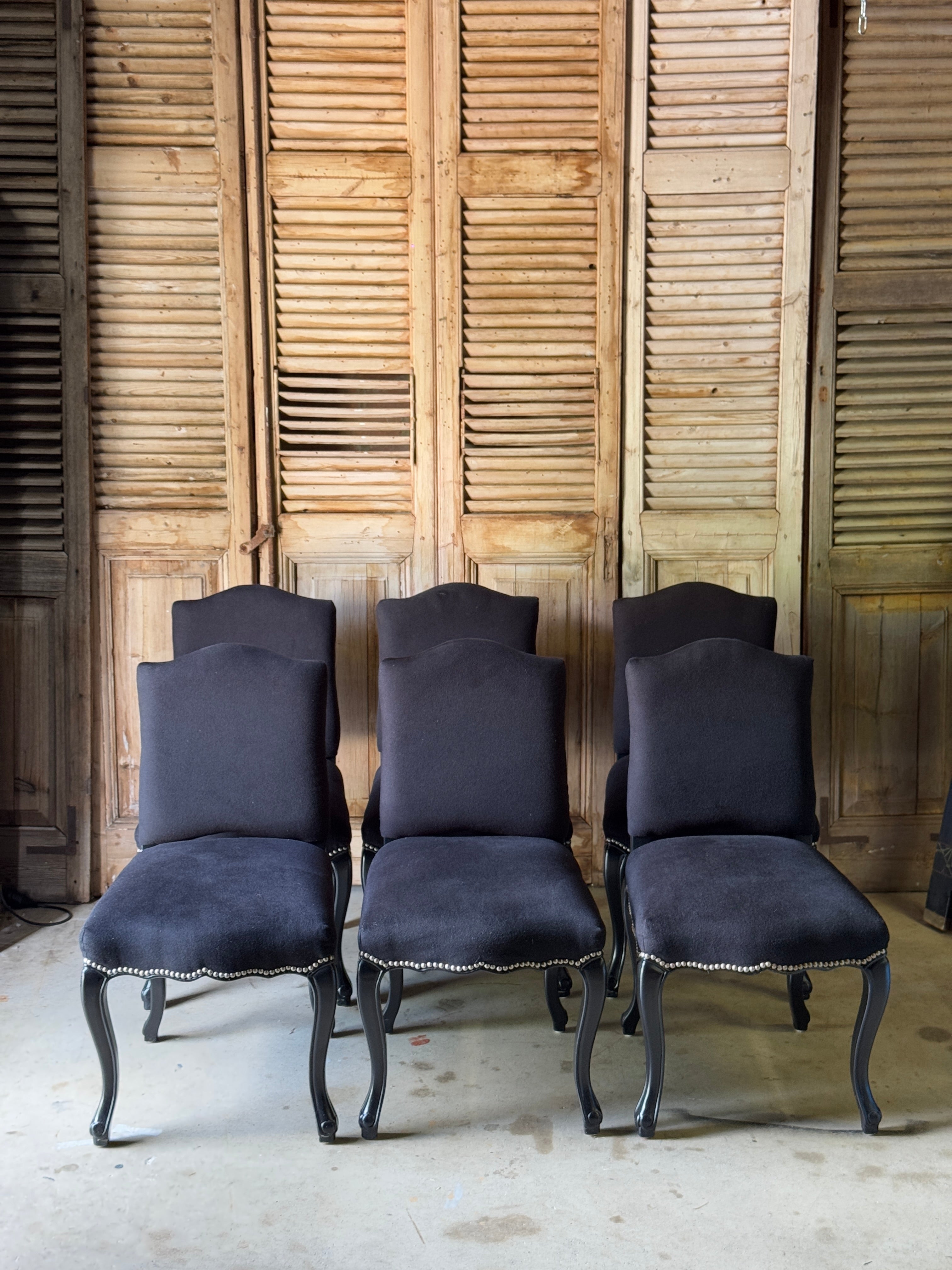 Set of 6 Provincial Black Velvet Dining Chairs