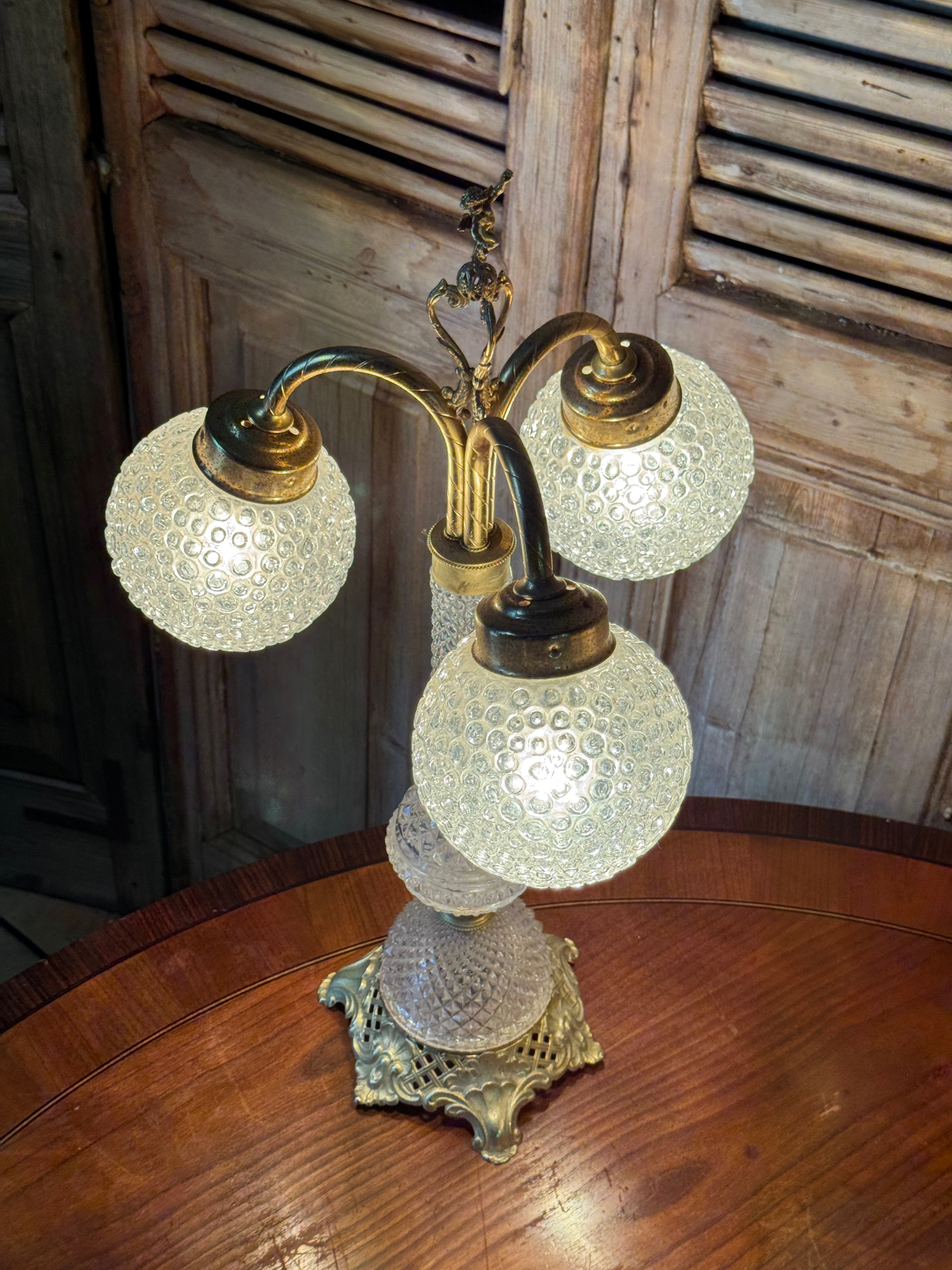 Vintage Cut Glass and Brass Cherub Lamp
