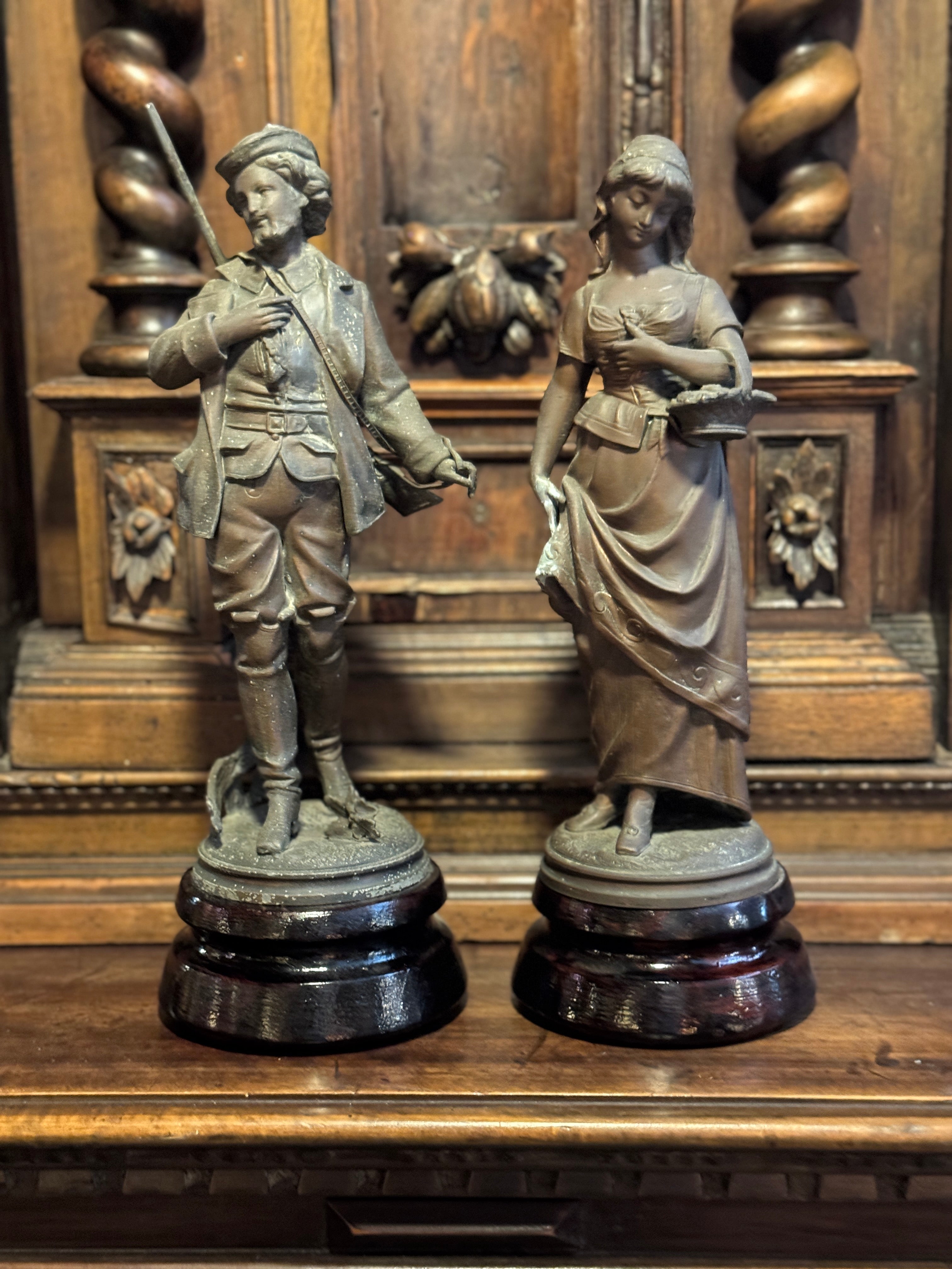 Pair of Vintage Brass Figures on Wooden Bases