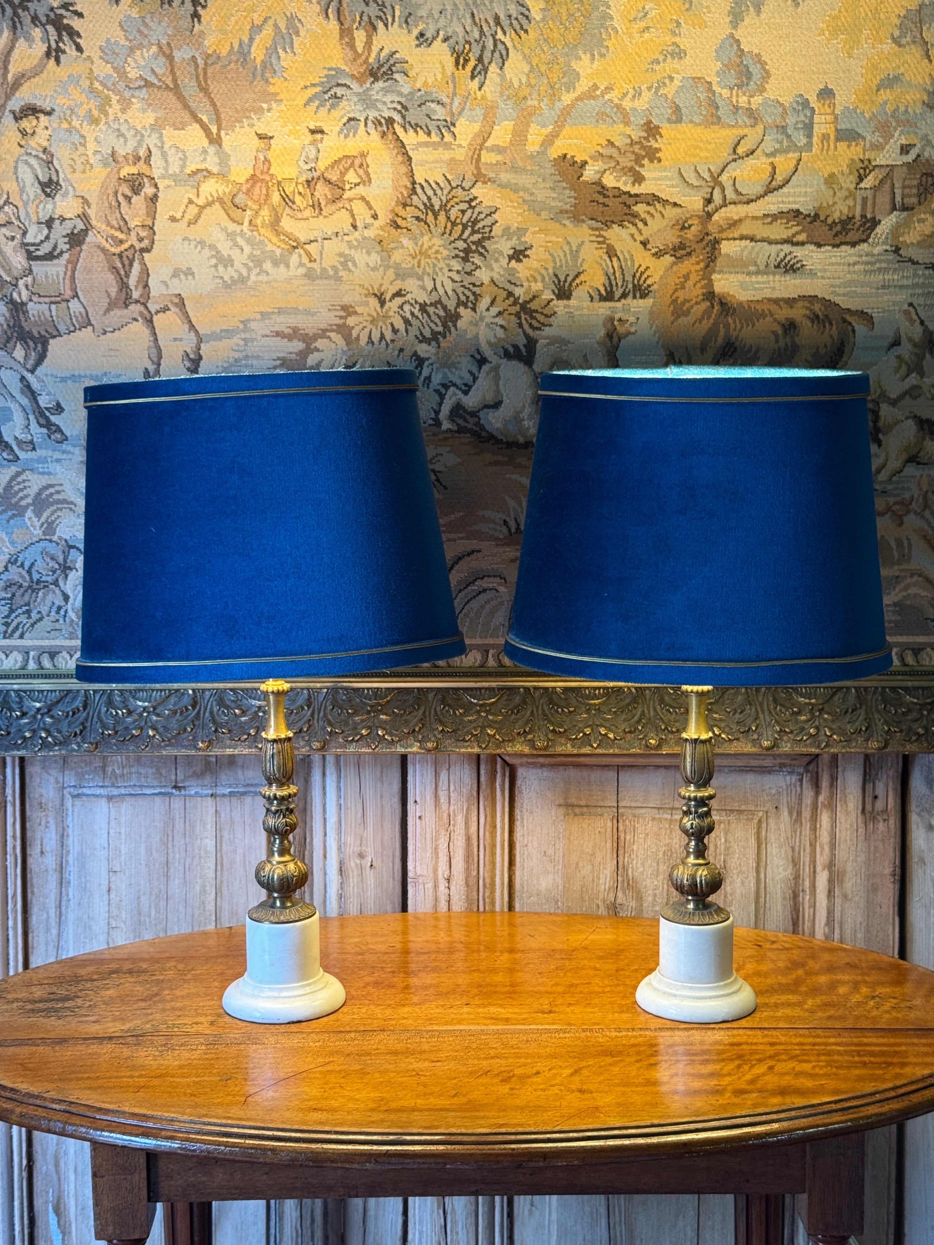 Pair of Blue Velvet Table Lamps With Marble Bases