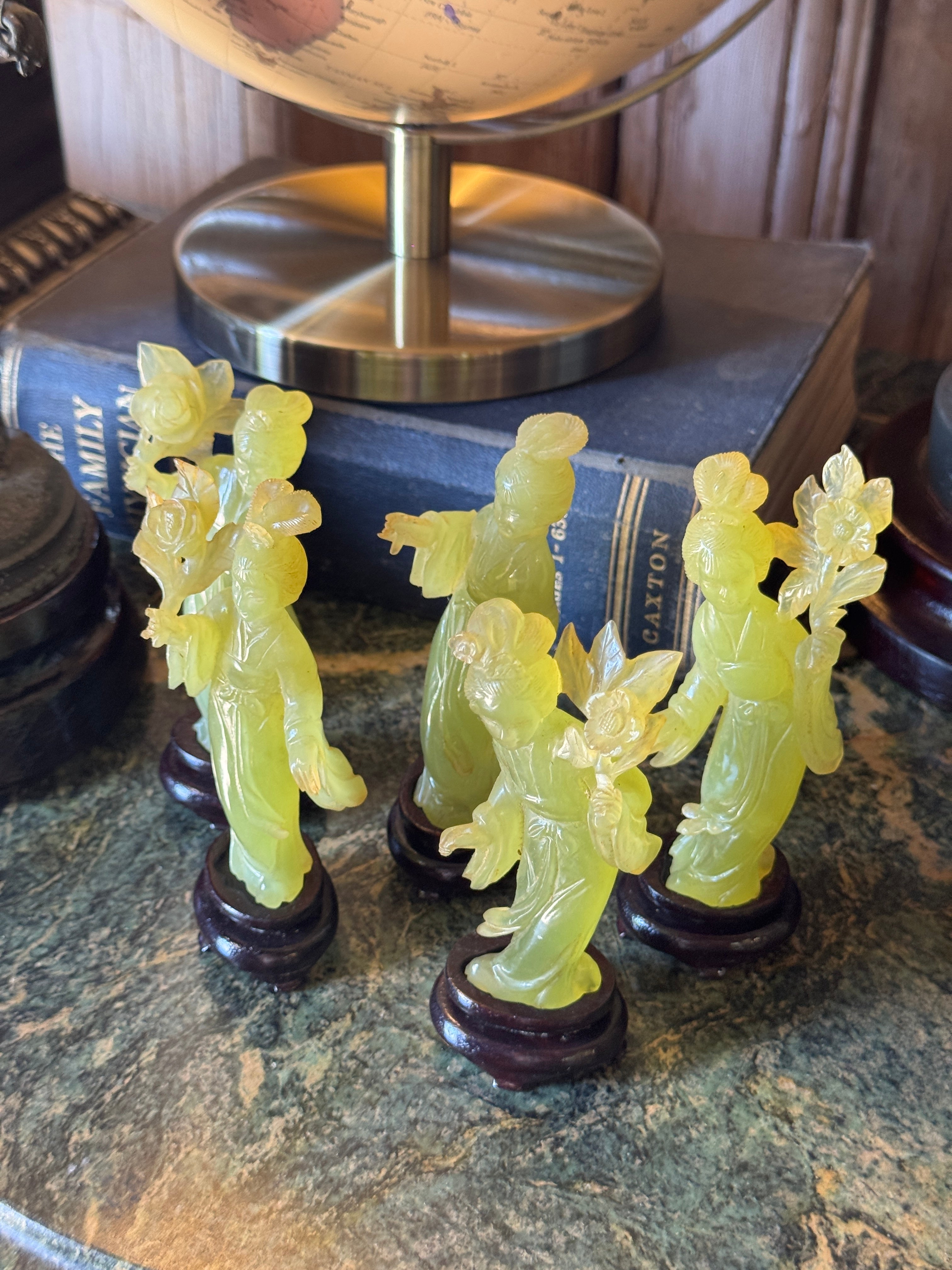 Set of 5 Vintage Chinese Carved Green Stone Courtesans