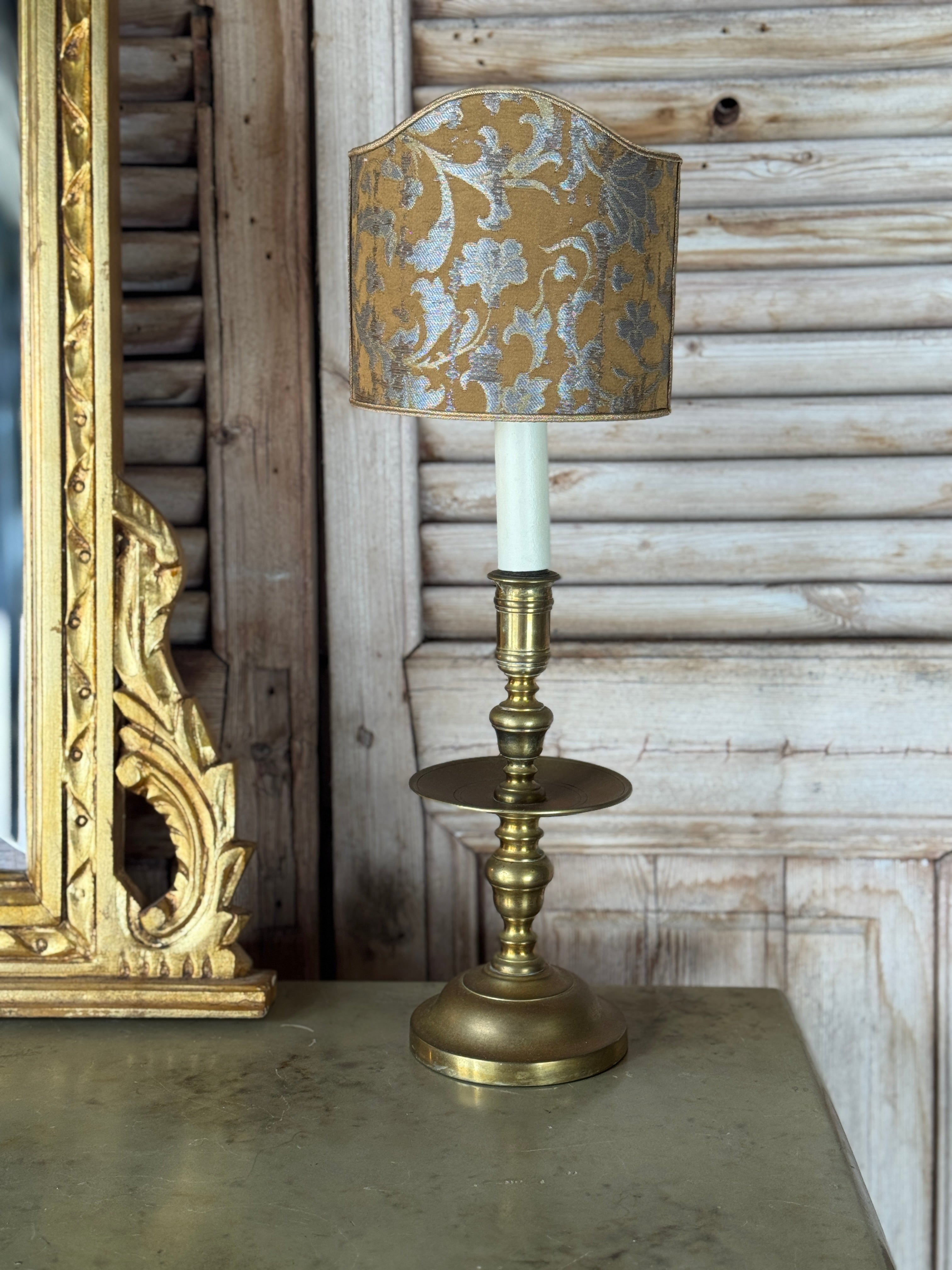 Pair of Antique 19th Century Brass Candlestick Lamps with Italian Made Shield Shades