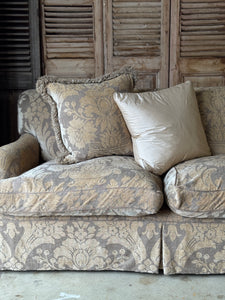 Vintage 3-Seater English Roll Arm Sofa with Original Cut Velvet Damask Upholstery