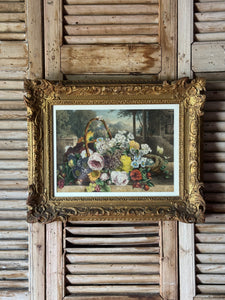 19th Century Hand-coloured Floral Print in Ornate Frame