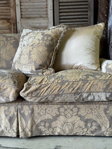 Vintage 3-Seater English Roll Arm Sofa with Original Cut Velvet Damask Upholstery