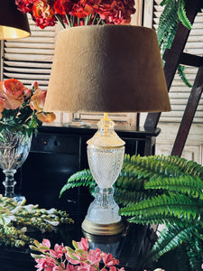 Vintage Crystal Cut Glass Lamps with Gold Velvet Shades