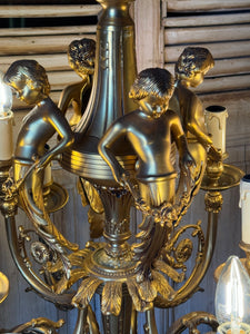 Vintage Brass 12-Arm Cherub Chandelier