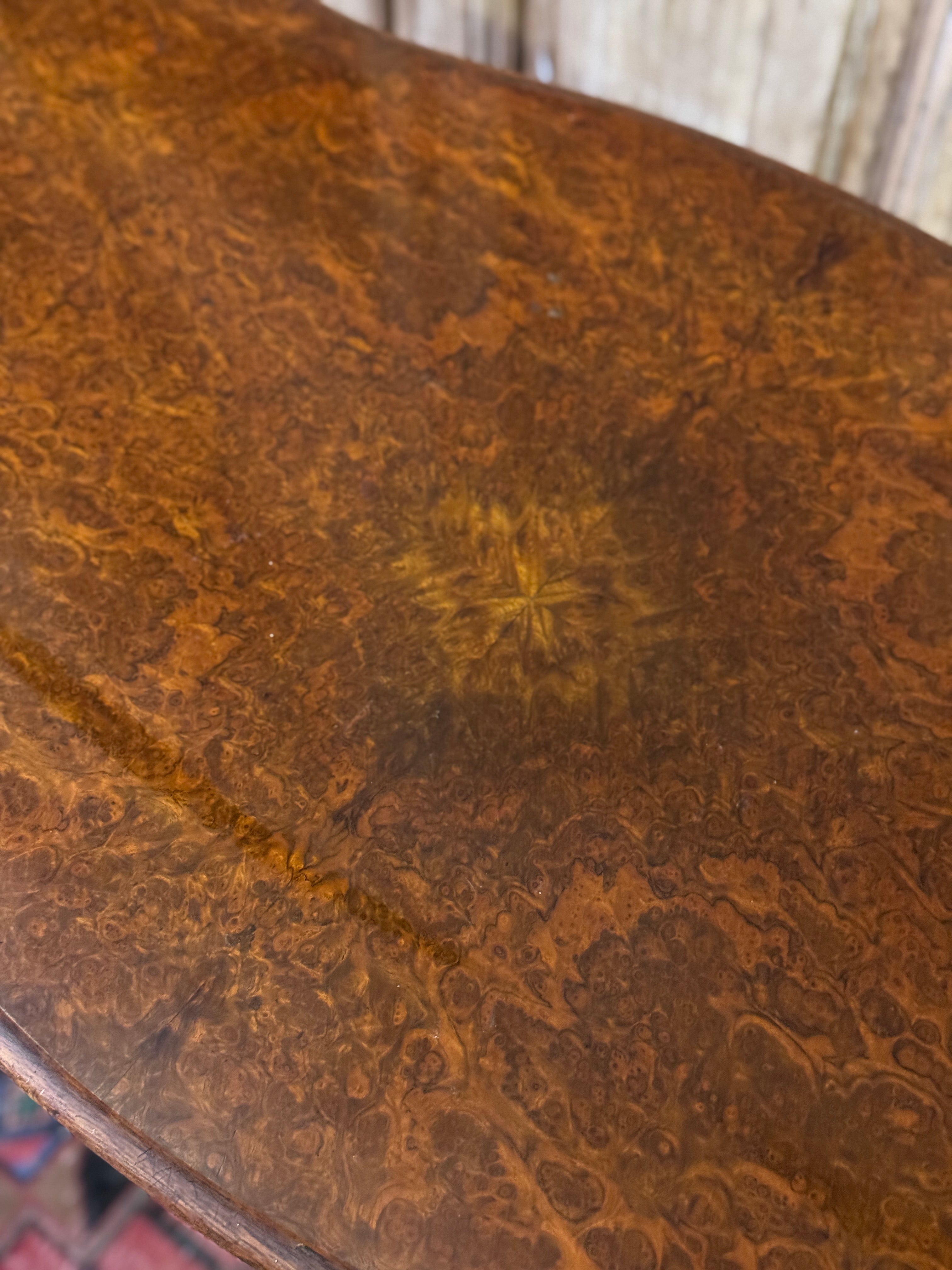 Antique Victorian Burr Walnut Console Table with Carved Stretcher Base