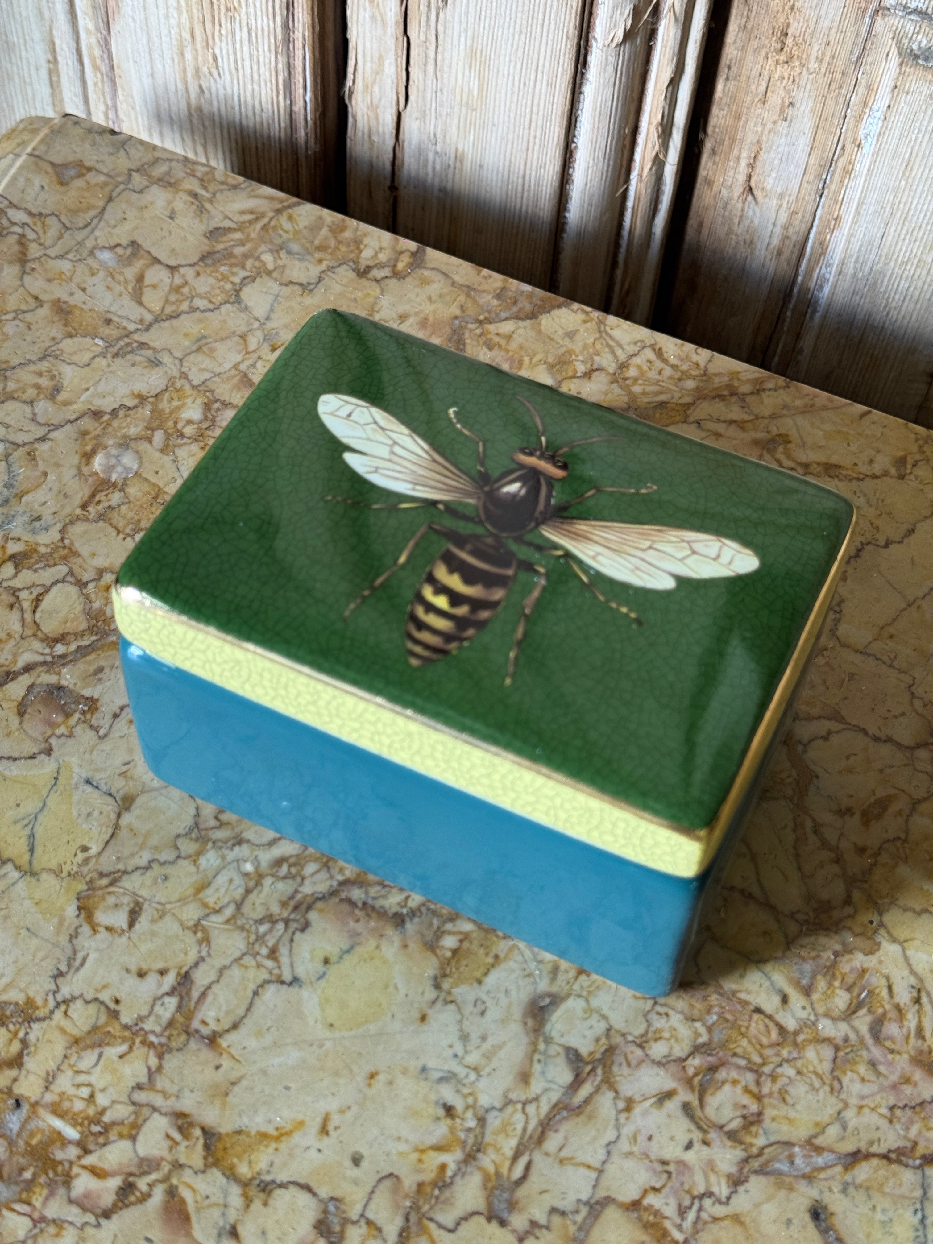 Bee Rectangle Lidded Trinket Box - Green