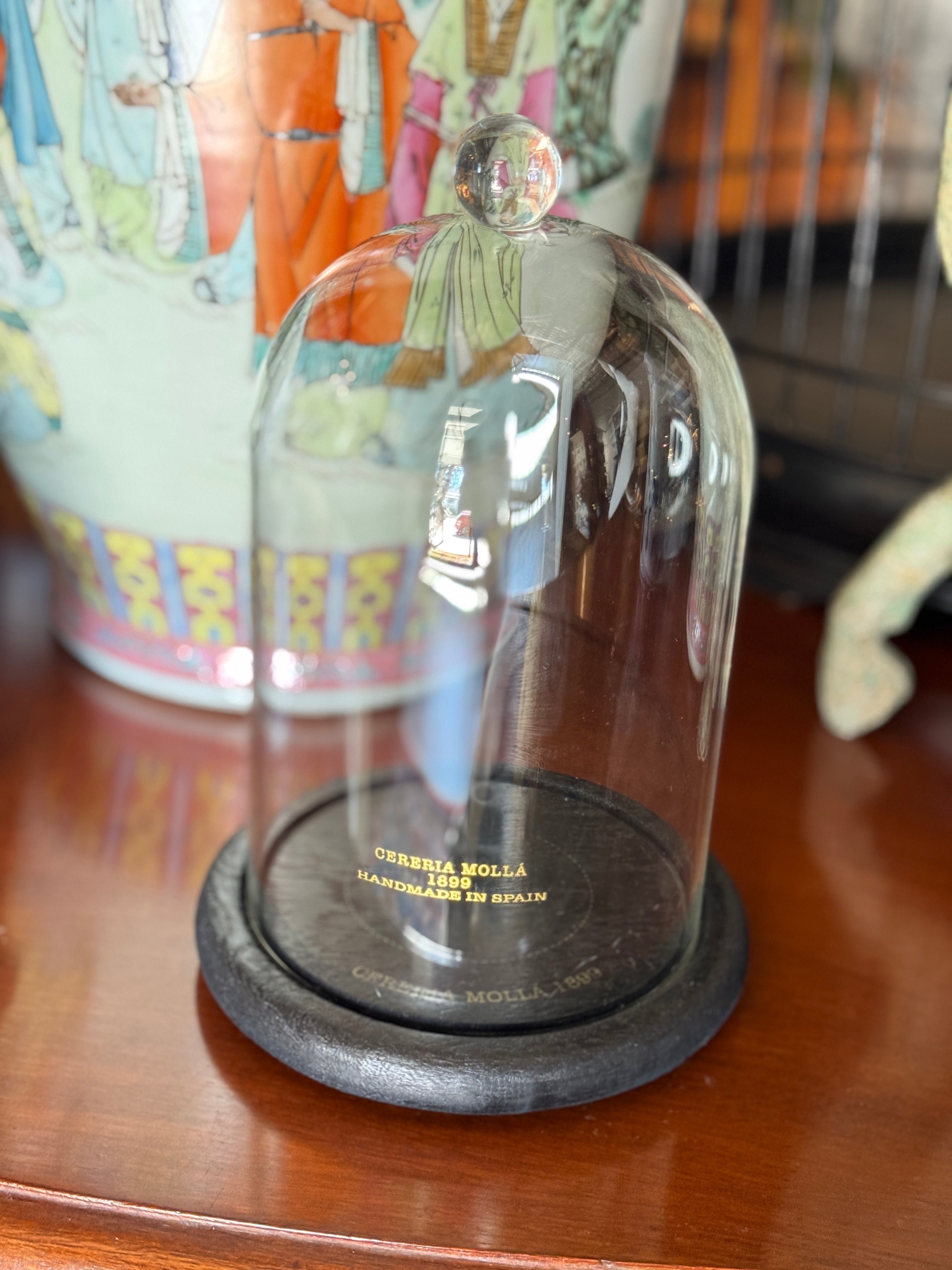 Glass Cloche with Wooden Base by Cerería Mollá 1899
