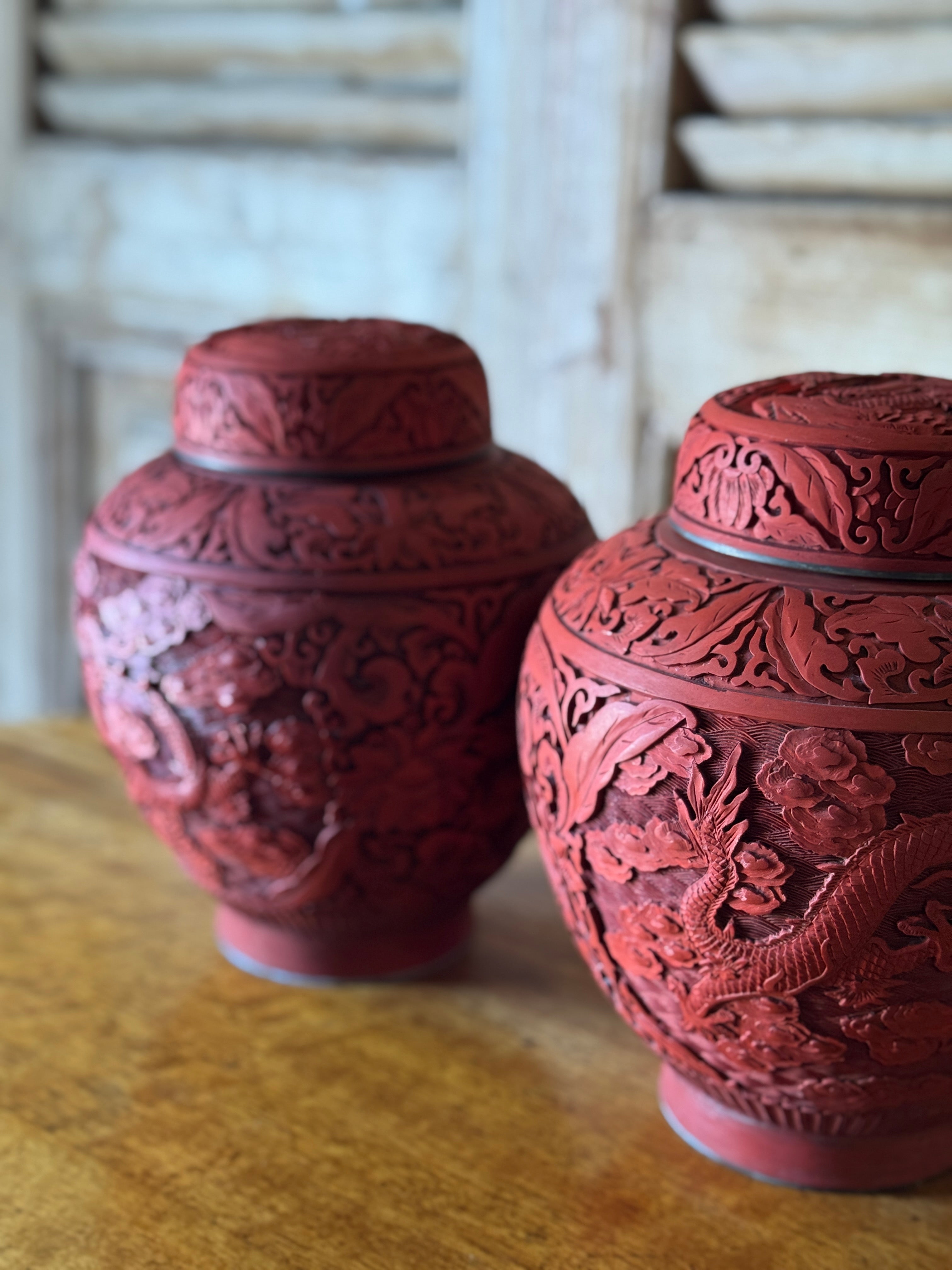 Pair of Vintage Chinese Carved Red Cinnabar Lidded Ginger Jars
