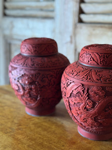 Pair of Vintage Chinese Carved Red Cinnabar Lidded Ginger Jars