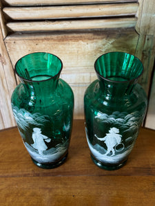 Pair of Antique Emerald Green Mary Gregory Glass Vases, Late 19th Century