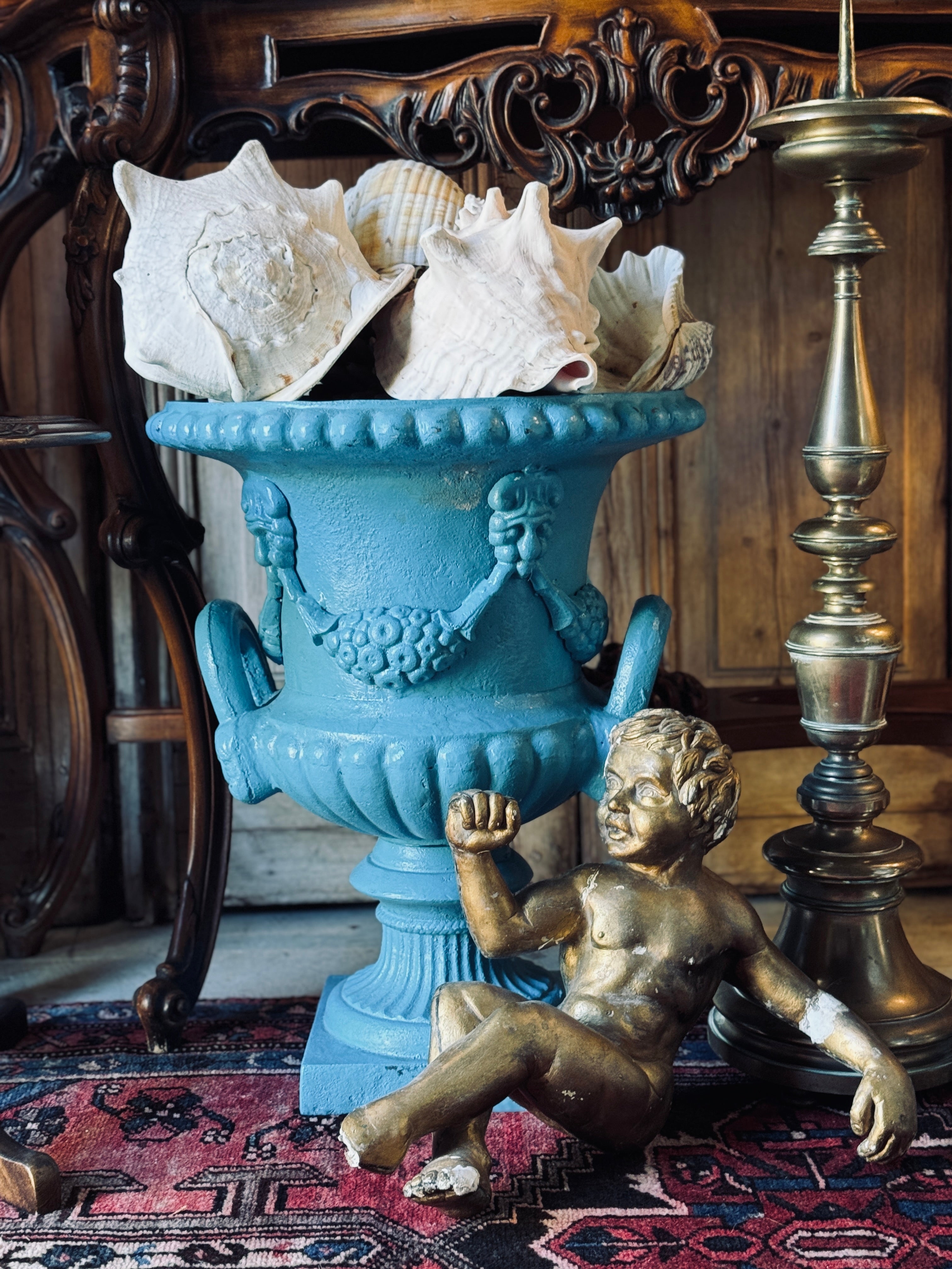 Blue Cast Iron Urn