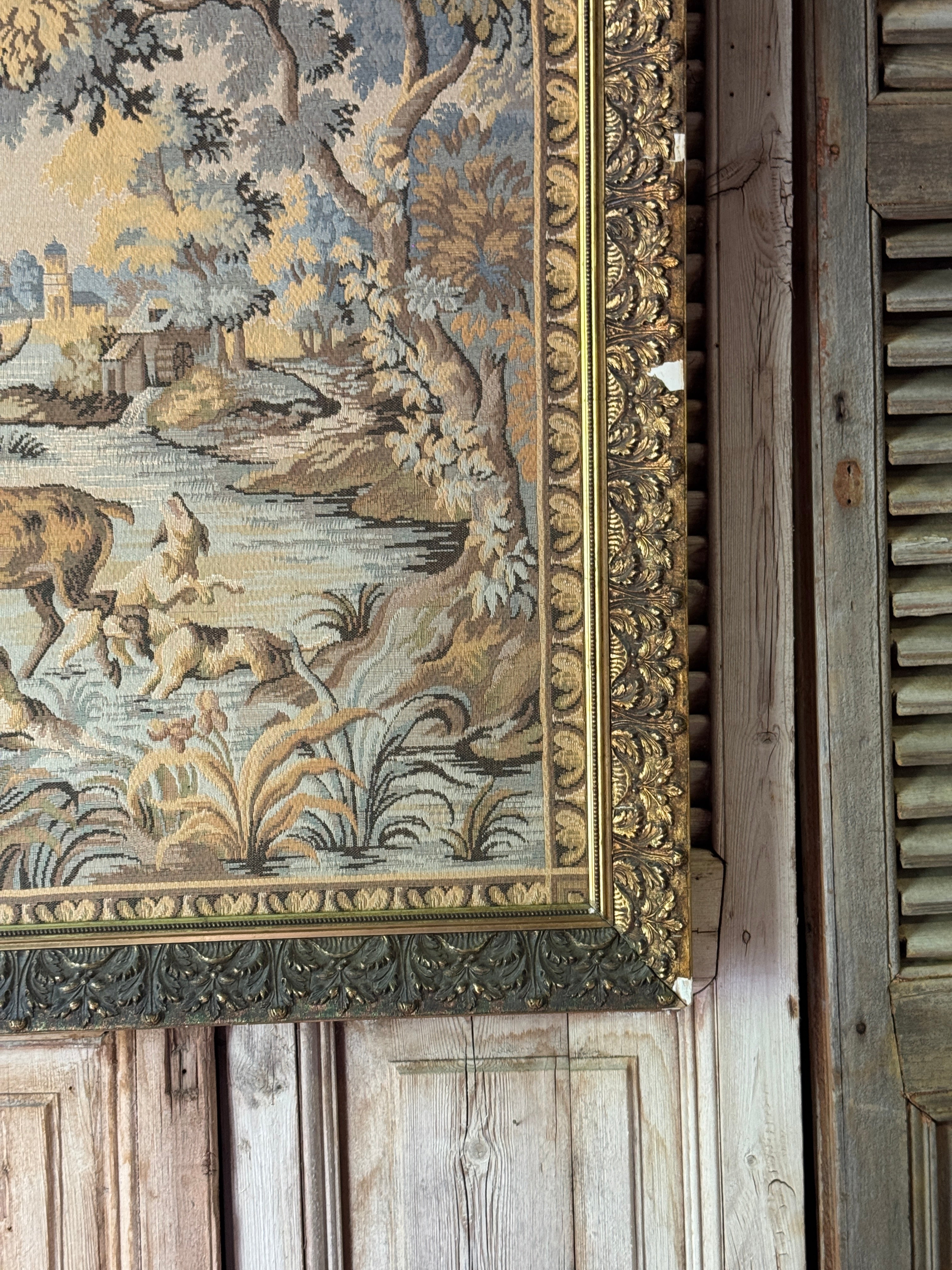 Large Vintage Framed Hunting Scene Tapestry