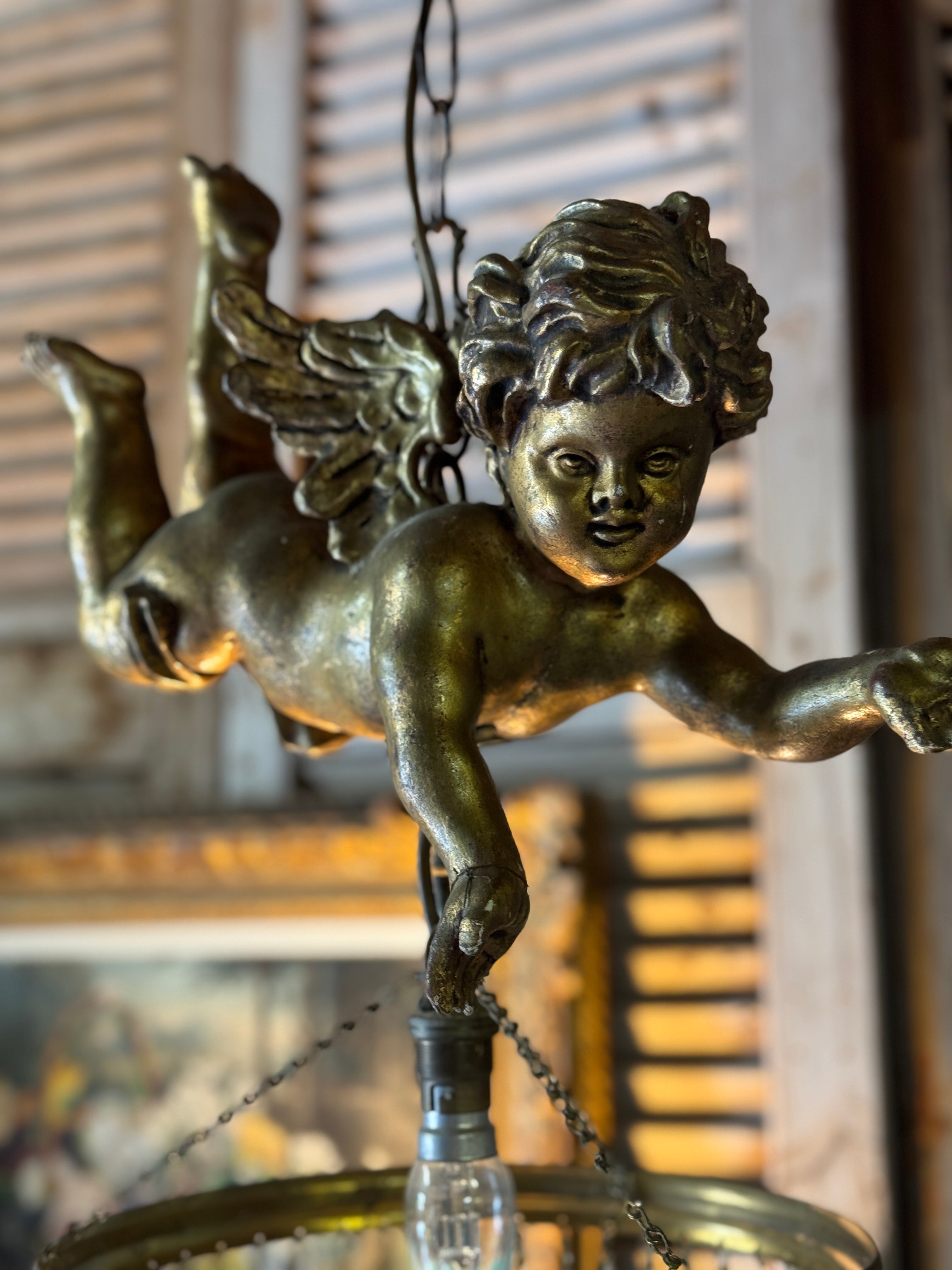Vintage Italian Cherub Pendant with Blue Drop Glass Chandelier