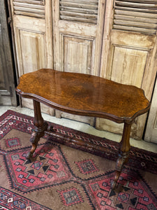 Antique Victorian Burr Walnut Console Table with Carved Stretcher Base