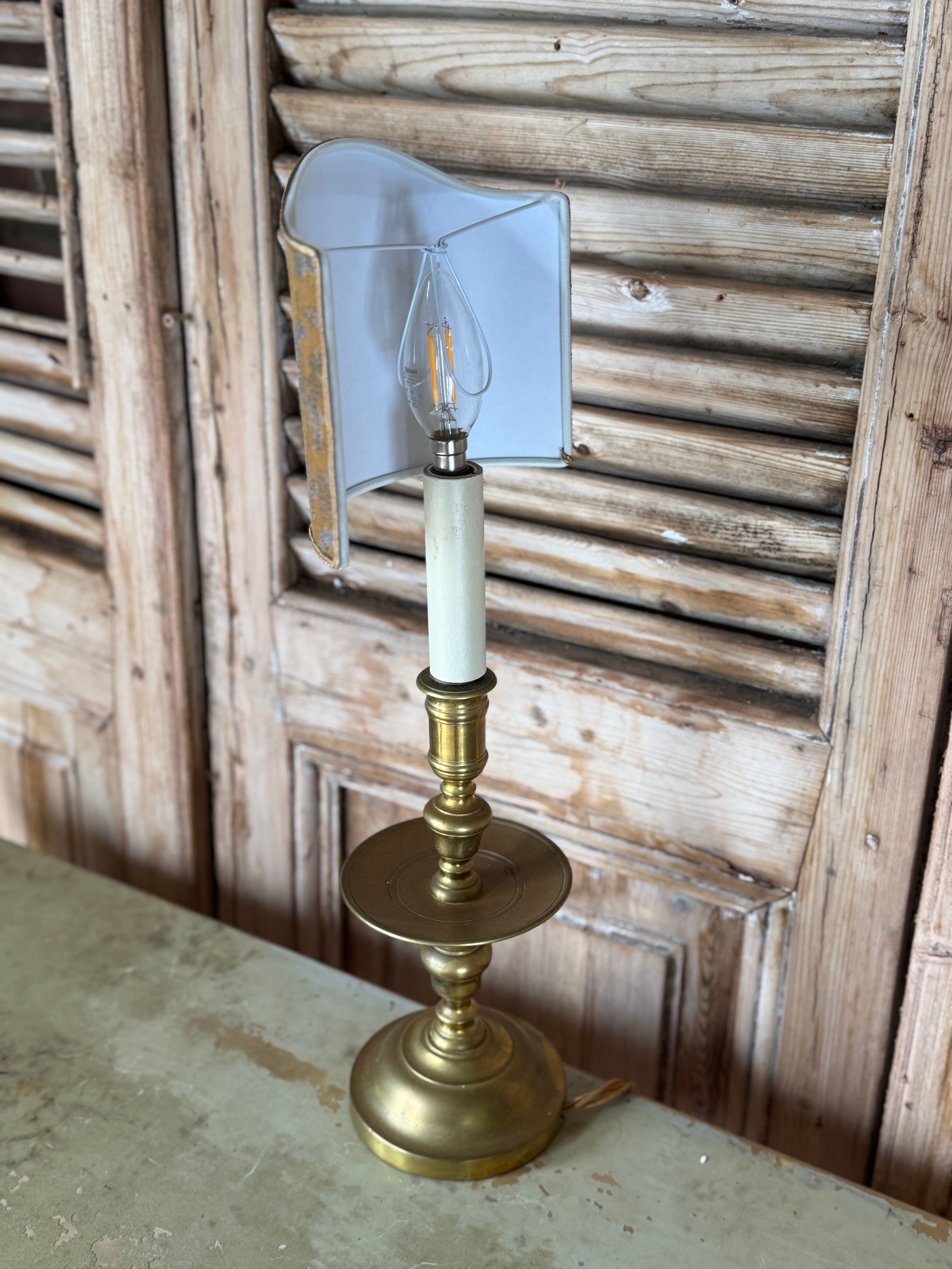 Pair of Antique 19th Century Brass Candlestick Lamps with Italian Made Shield Shades