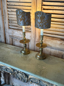 Pair of Antique 19th Century Brass Candlestick Lamps with Italian Made Shield Shades