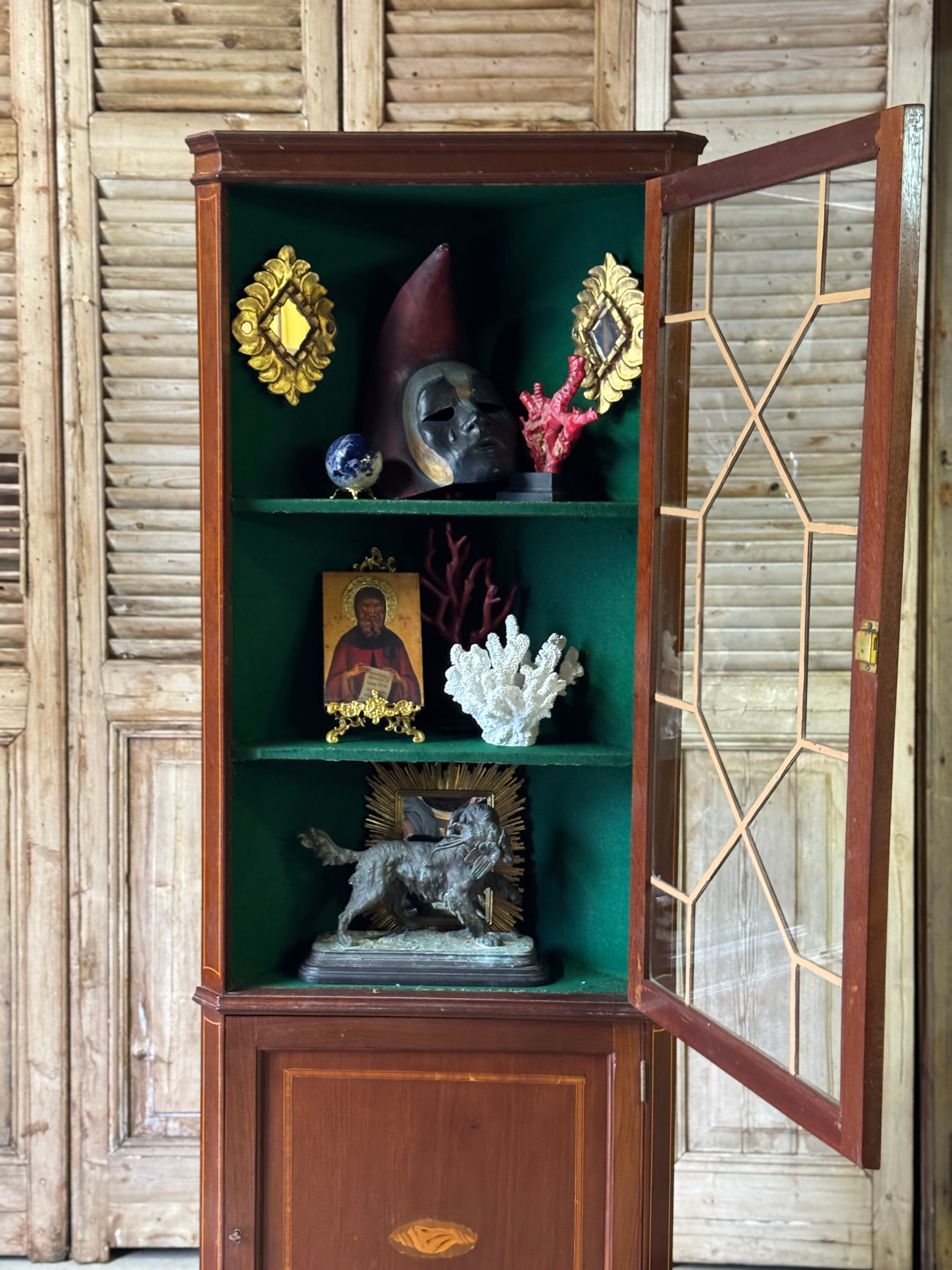 Antique Edwardian Corner Cabinet with Astragal Door and Green Felt Lined Display