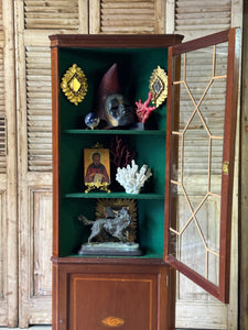 Antique Edwardian Corner Cabinet with Astragal Door and Green Felt Lined Display