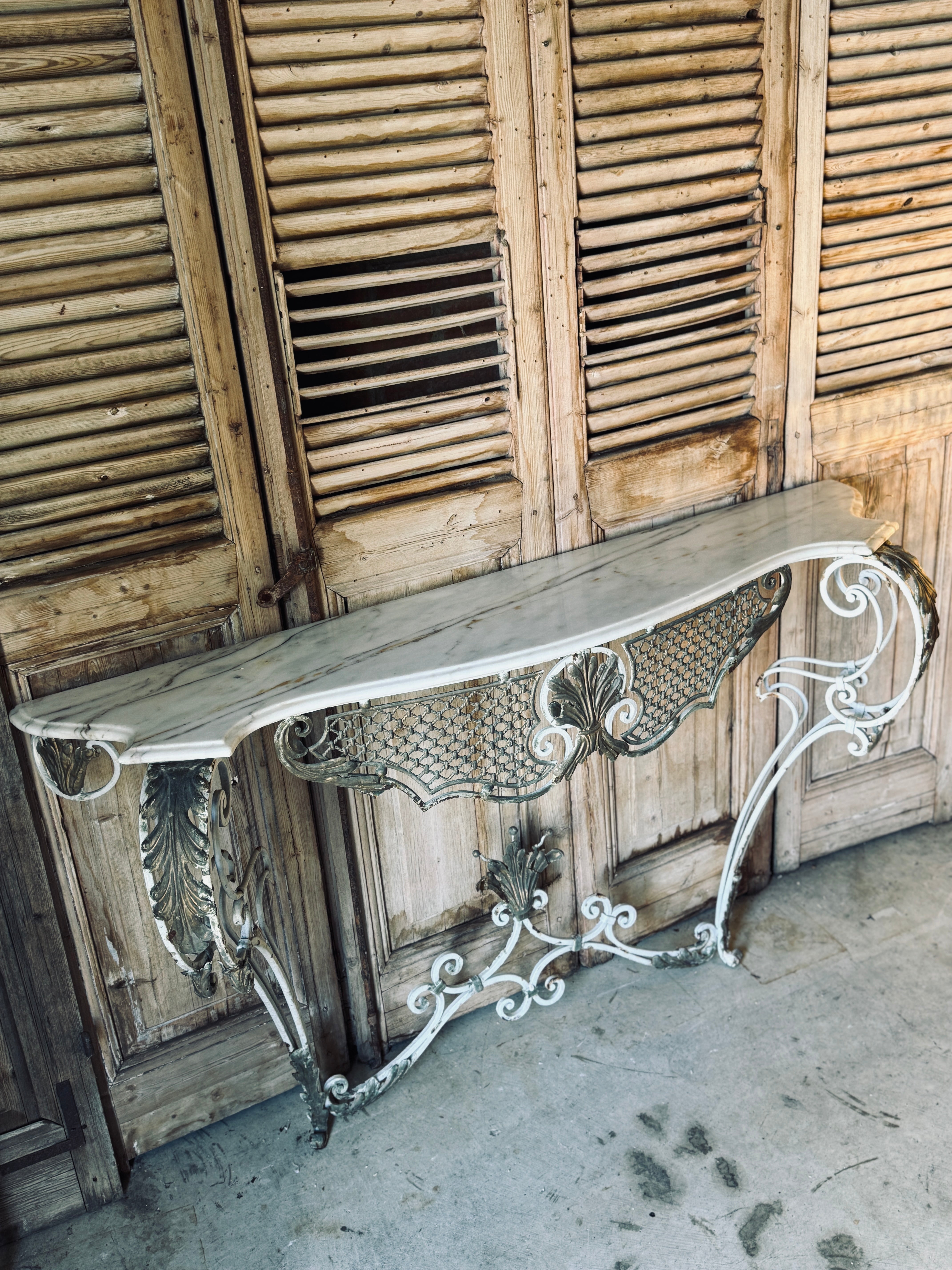 Vintage French Wrought Iron & Marble Console Table