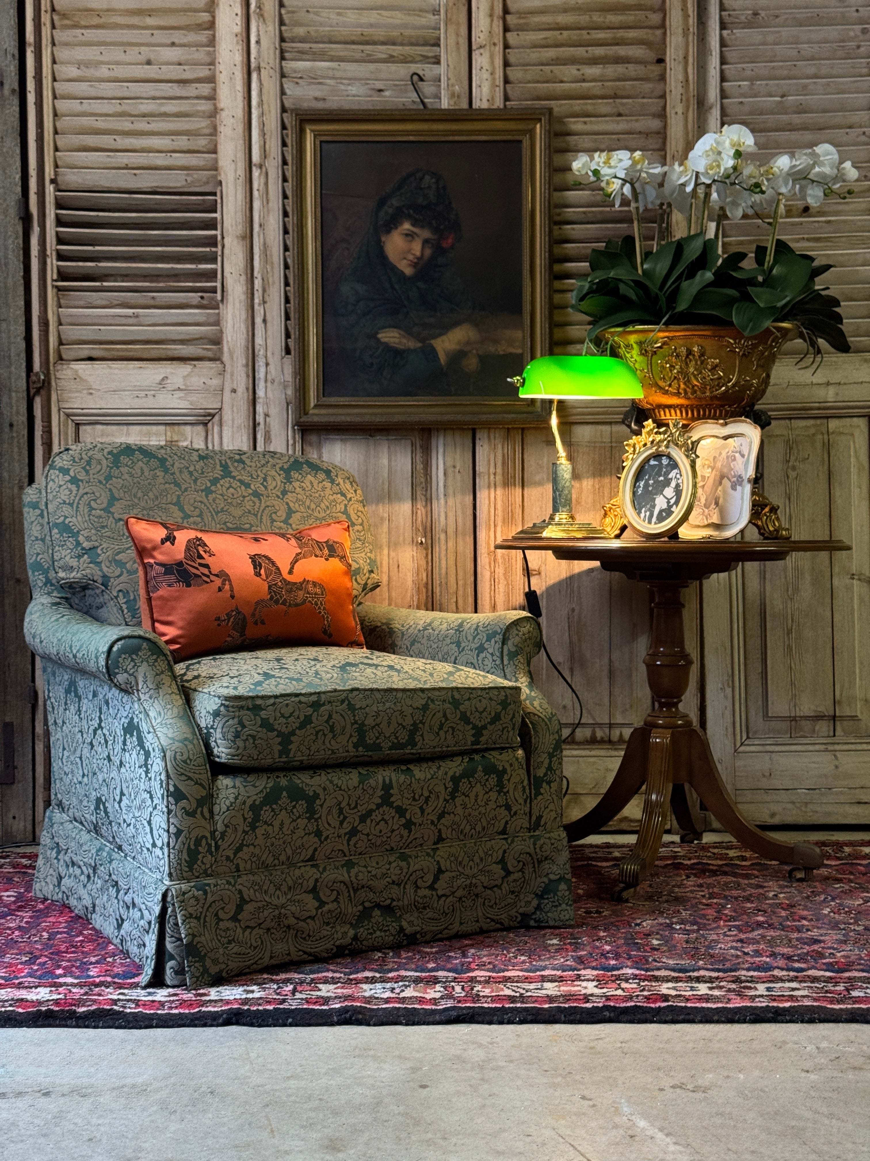 Vintage Green Damask Armchair