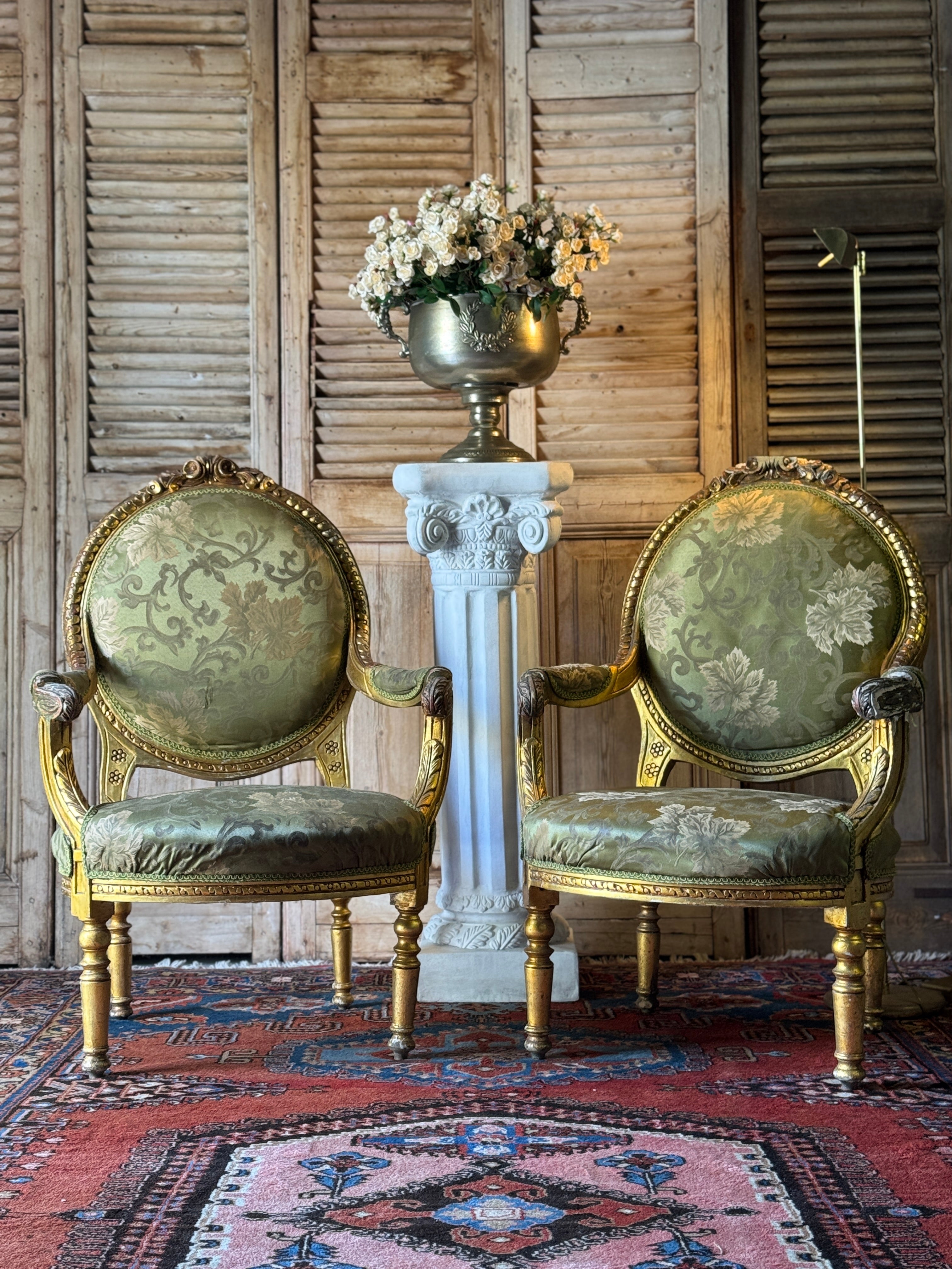 Pair of Gilt Louis XVI Style Armchairs with Original Green Floral Upholstery