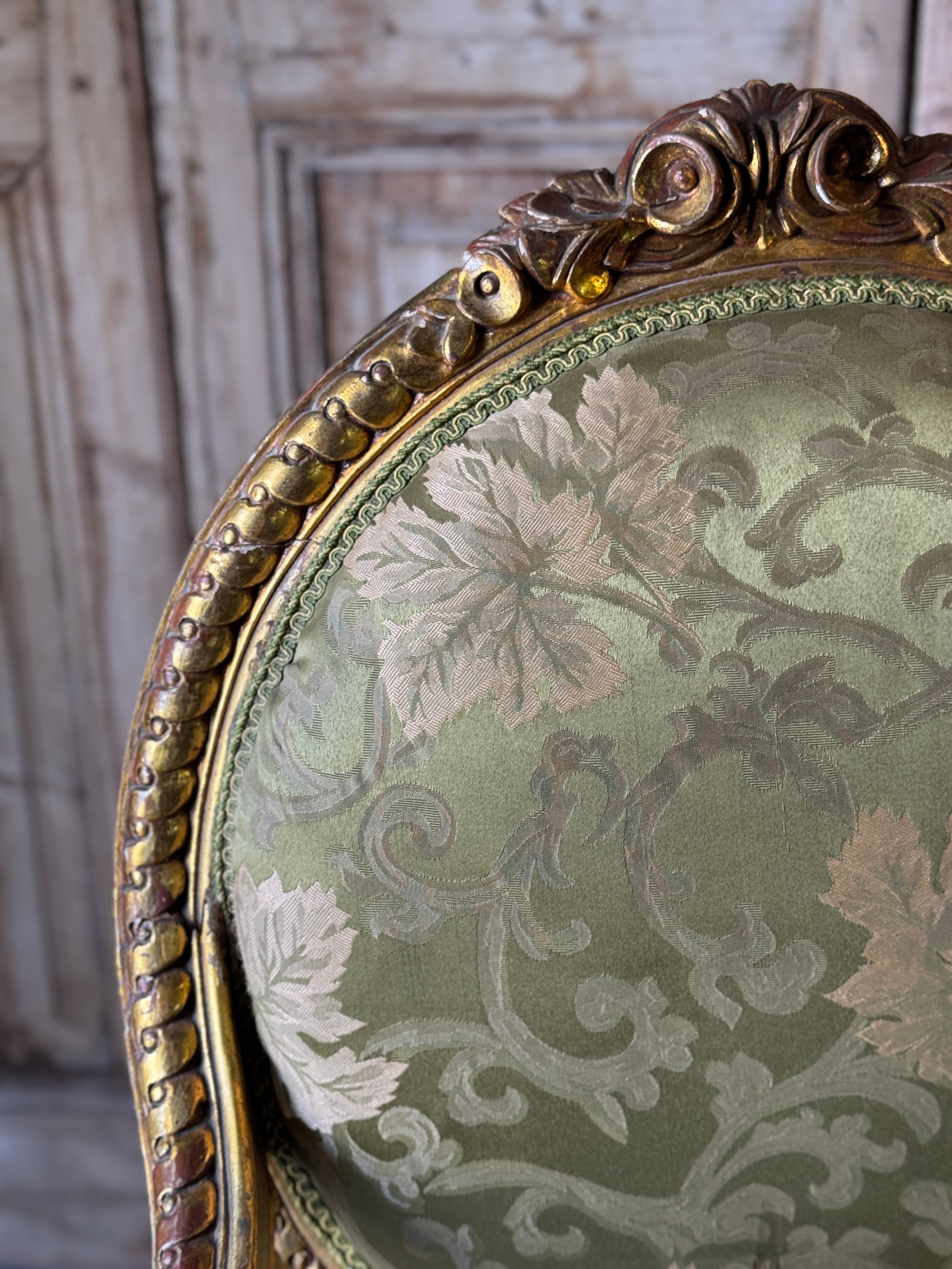 Pair of Gilt Louis XVI Style Armchairs with Original Green Floral Upholstery