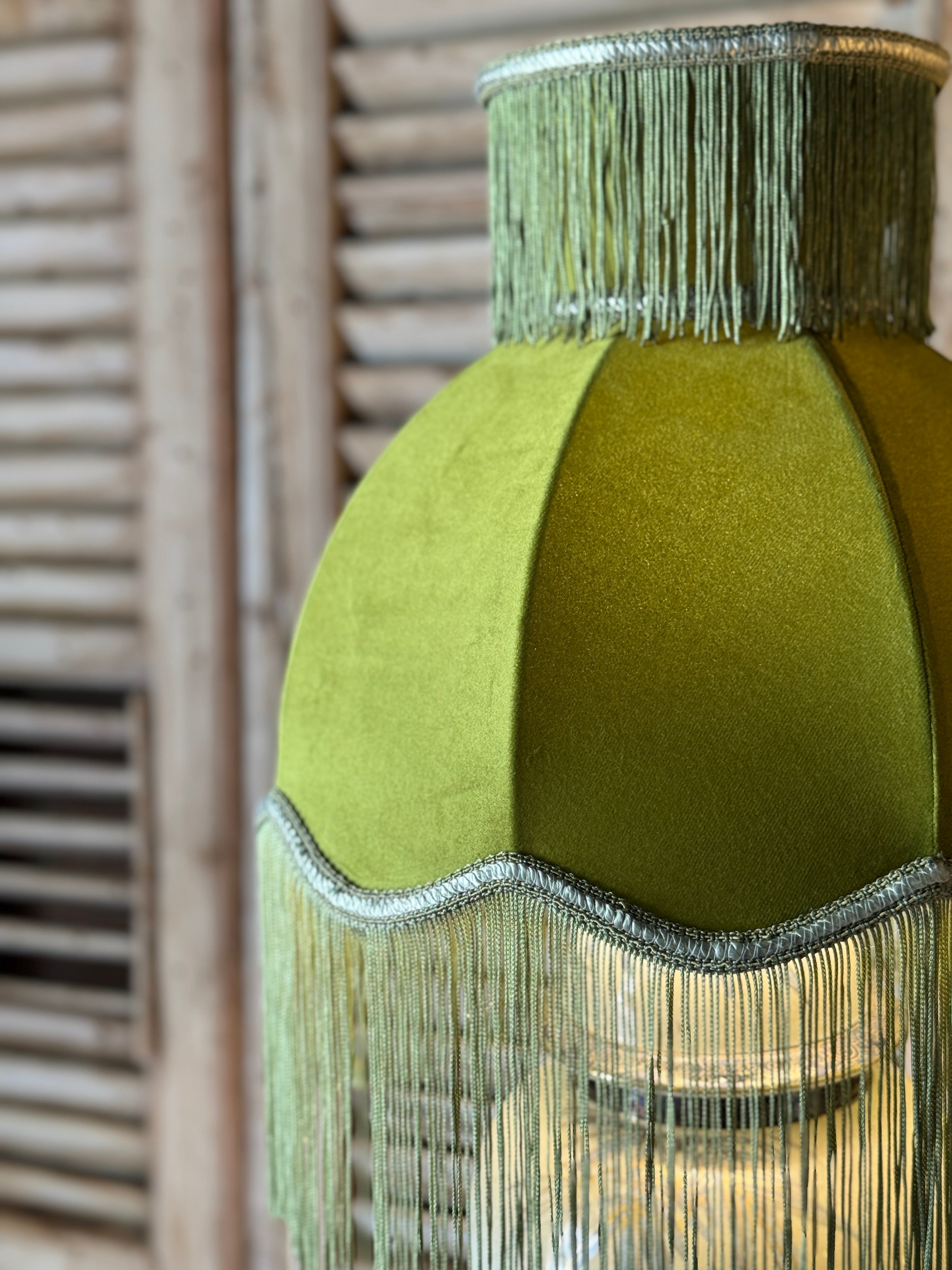 Vintage Chinoiserie Lamp with Fringed Green Velvet Shade