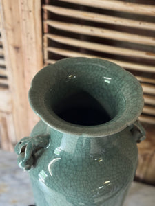 Large Chinese Celadon Crackle Glaze Vase on Carved Rosewood Stand
