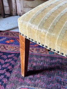 Vintage Oak Footstool with Original Striped Upholstery