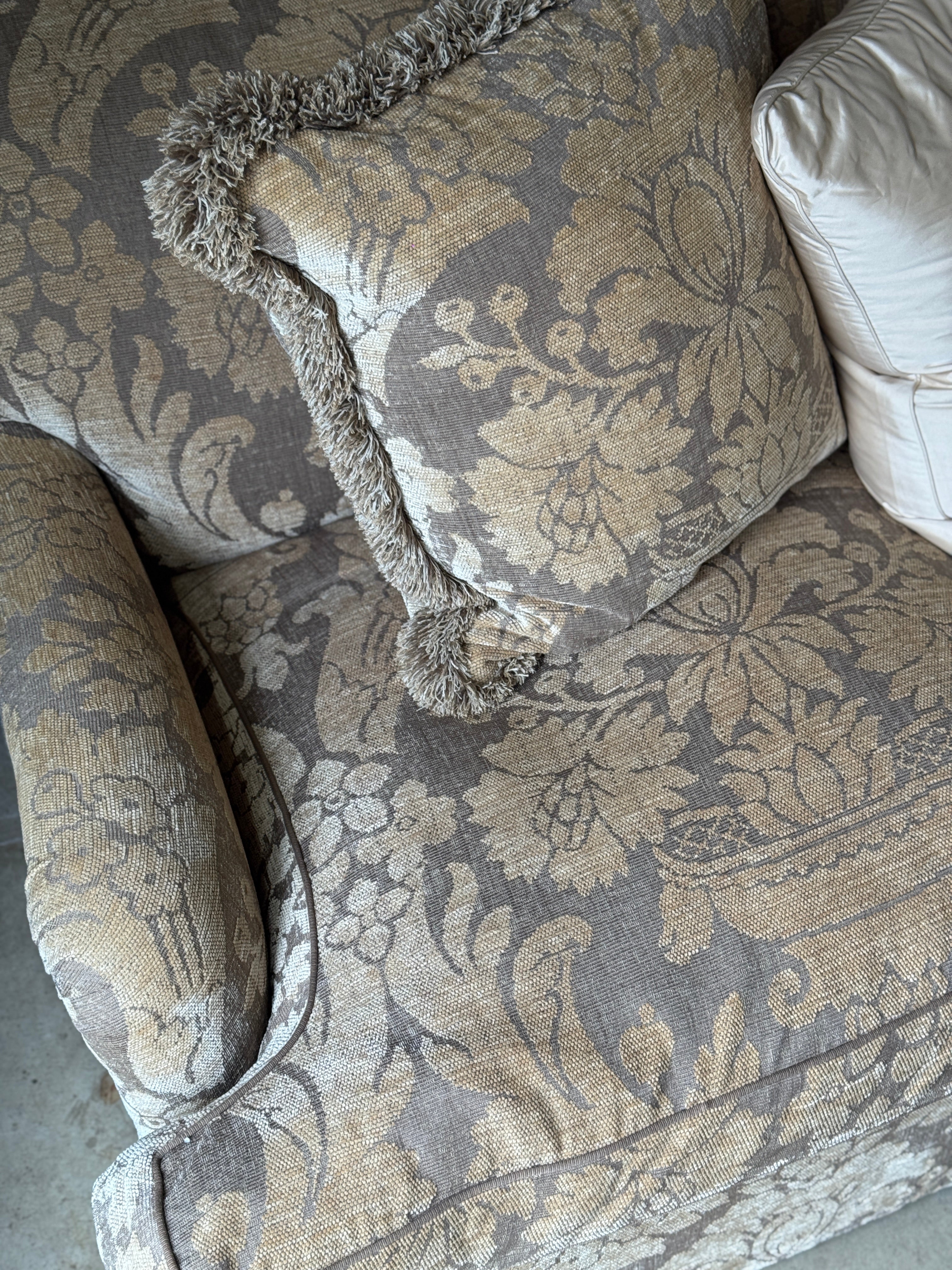 Vintage 3-Seater English Roll Arm Sofa with Original Cut Velvet Damask Upholstery
