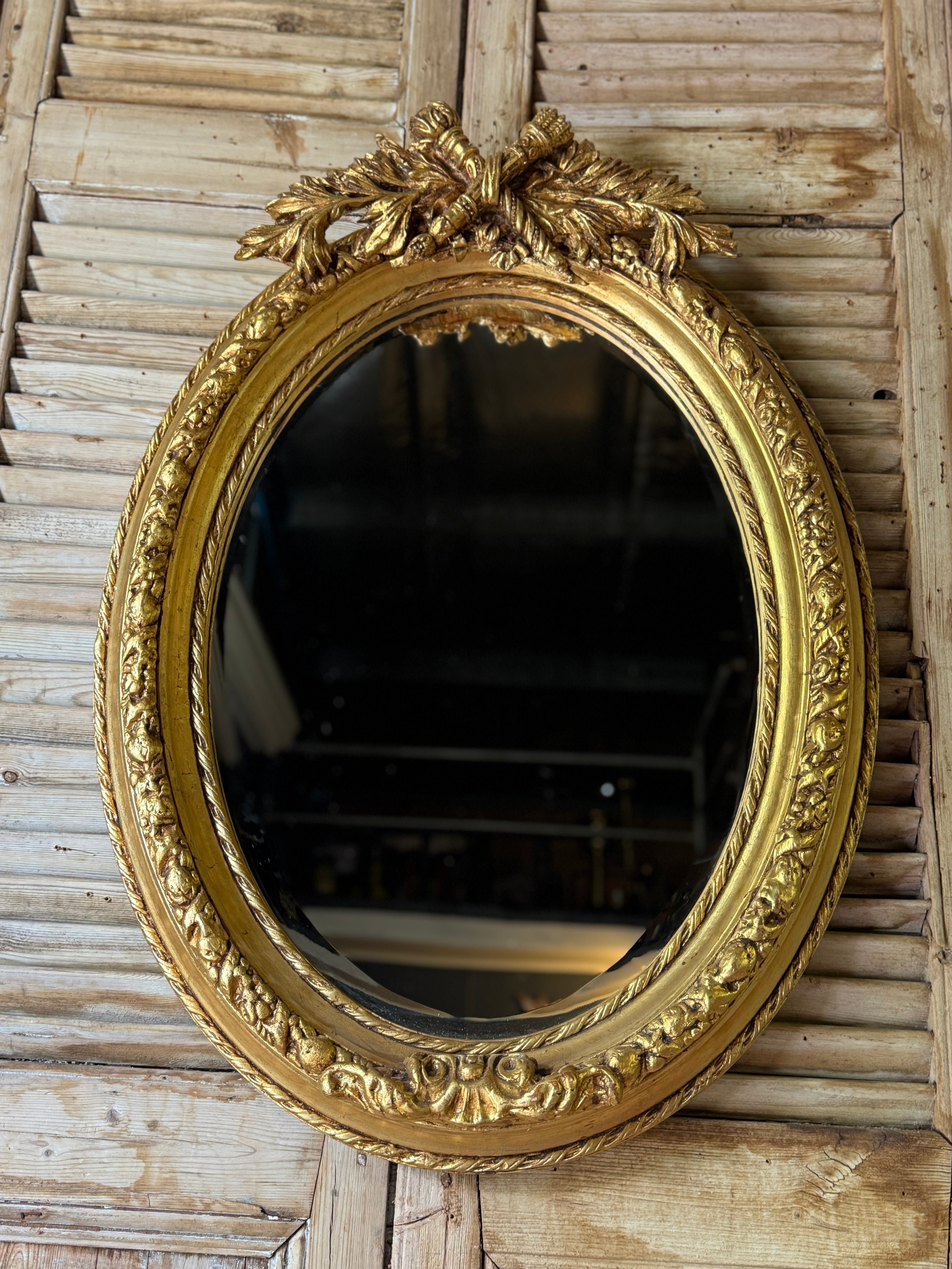 Vintage Gilt Oval Mirror With Laurel Crest