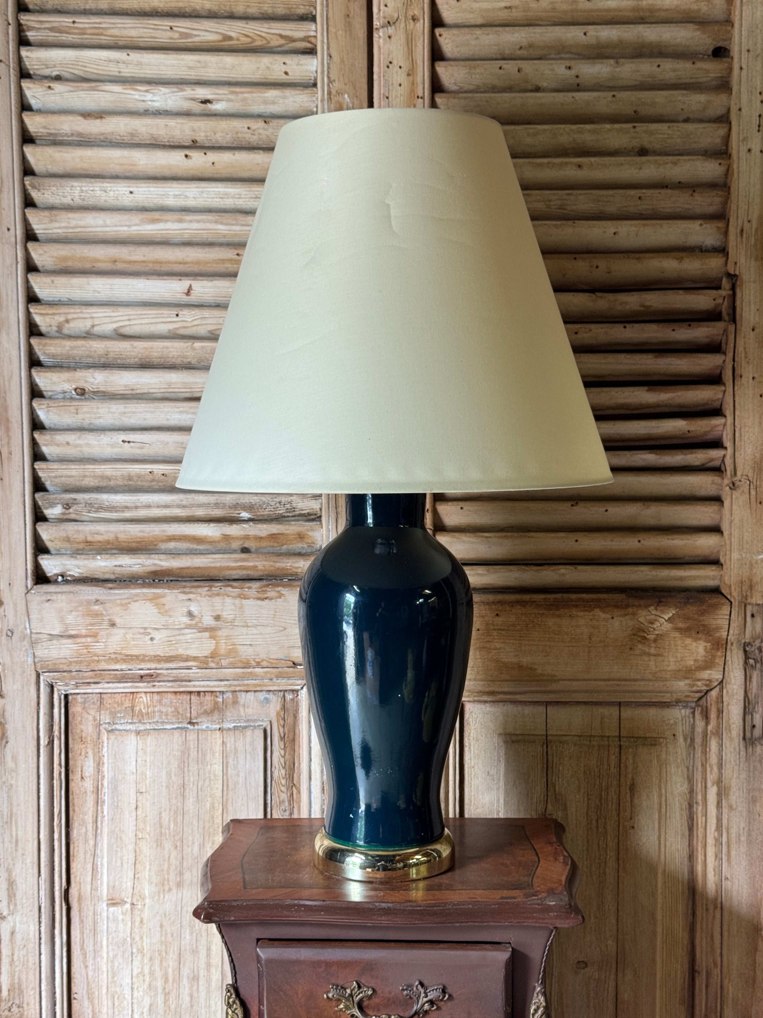 Vintage Porcelain Table Lamp With Brass Detail And Cream Shade
