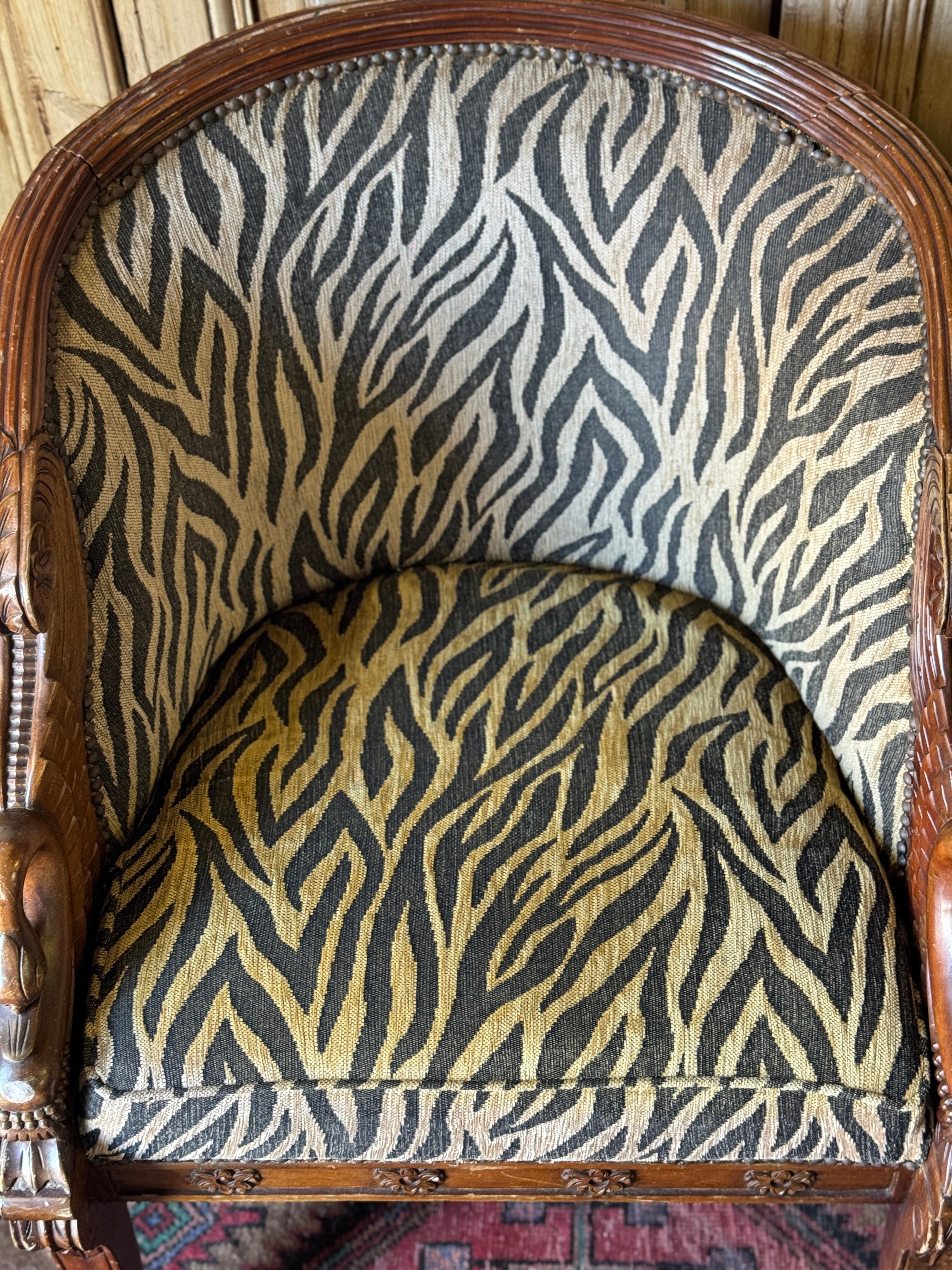 Pair of Carved Timber Empire Tub Chairs with Zebra Upholstery