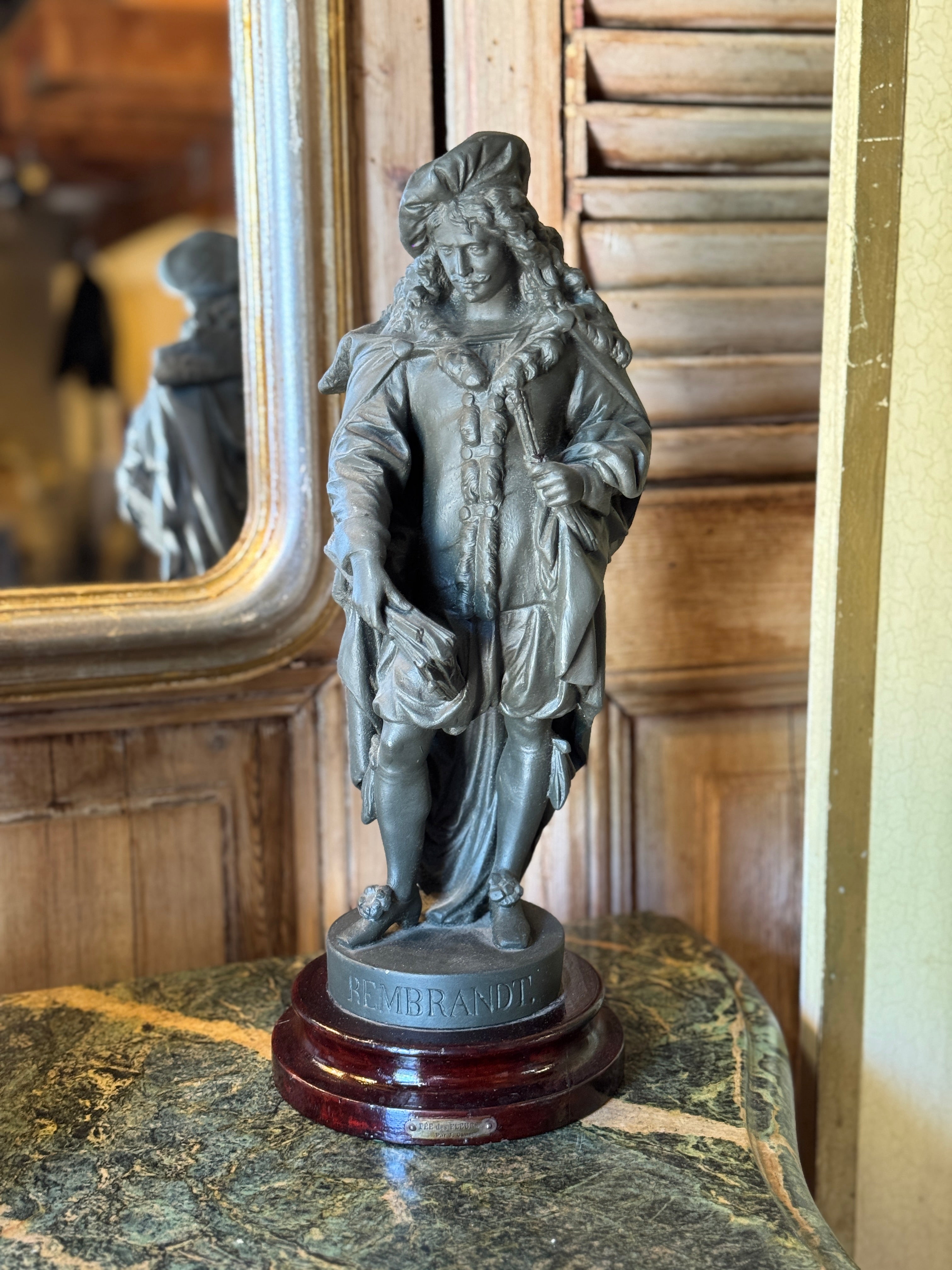 Vintage Spelter Figure of Rembrandt on Turned Timber Base