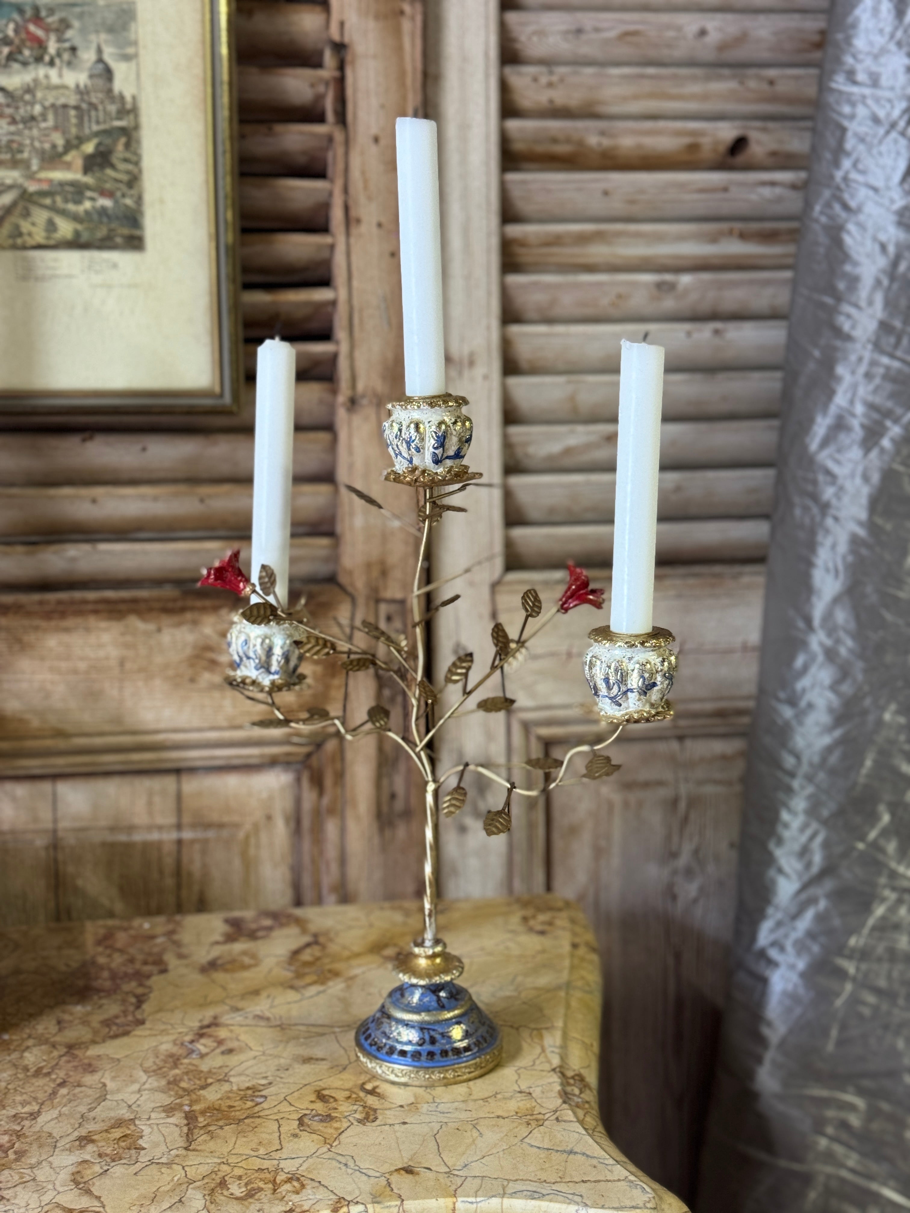 Three Arm Floral Candelabra – Blue & Gold