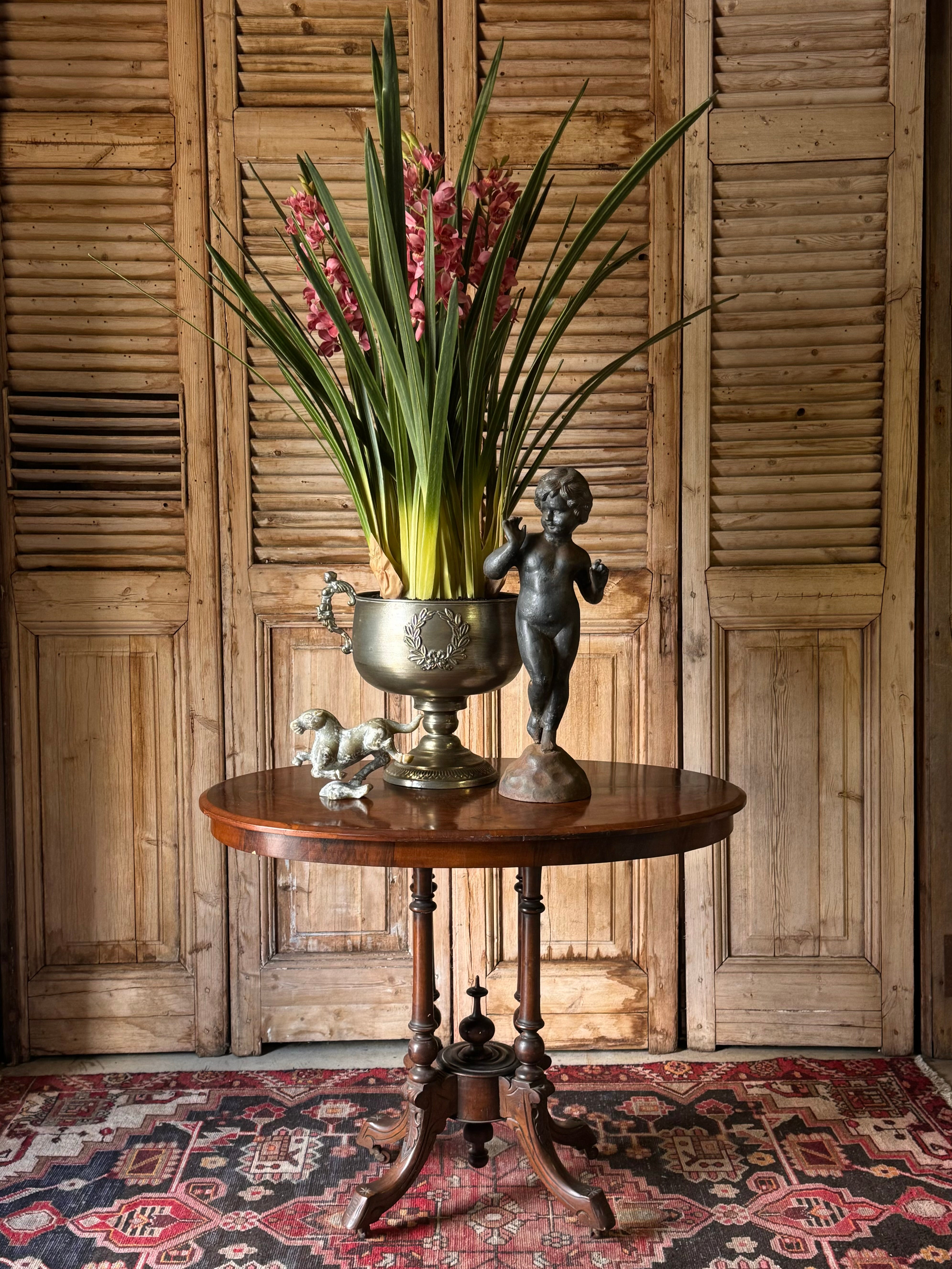 Antique Victorian Walnut Oval Table with Birdcage Base