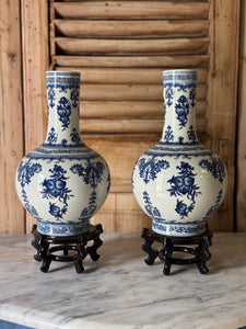 Pair of Vintage Mid - Late 20th Century Chinese Blue and White Porcelain Bottle Vases on Wooden Stands