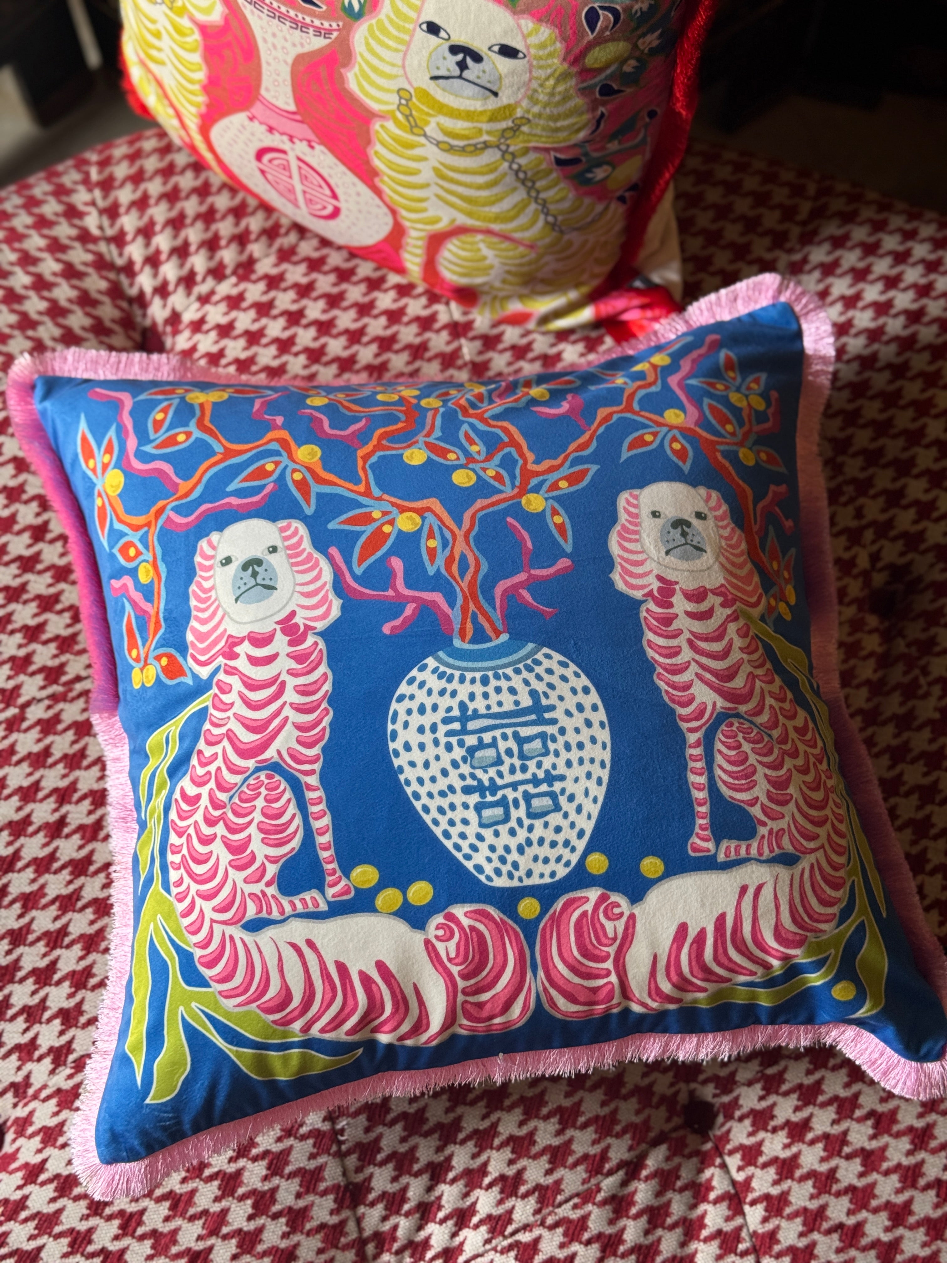 Foo Dogs Cushion with Pink Fringe