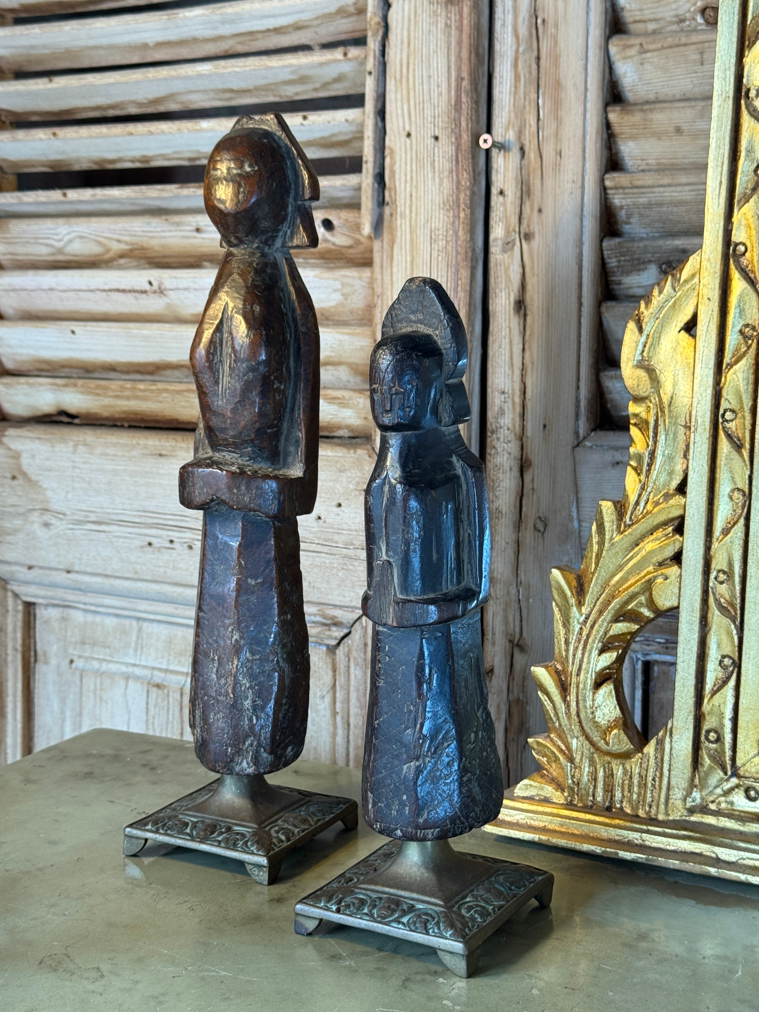 Pair of Antique Indian Carved Timber Dolls on Brass Bases