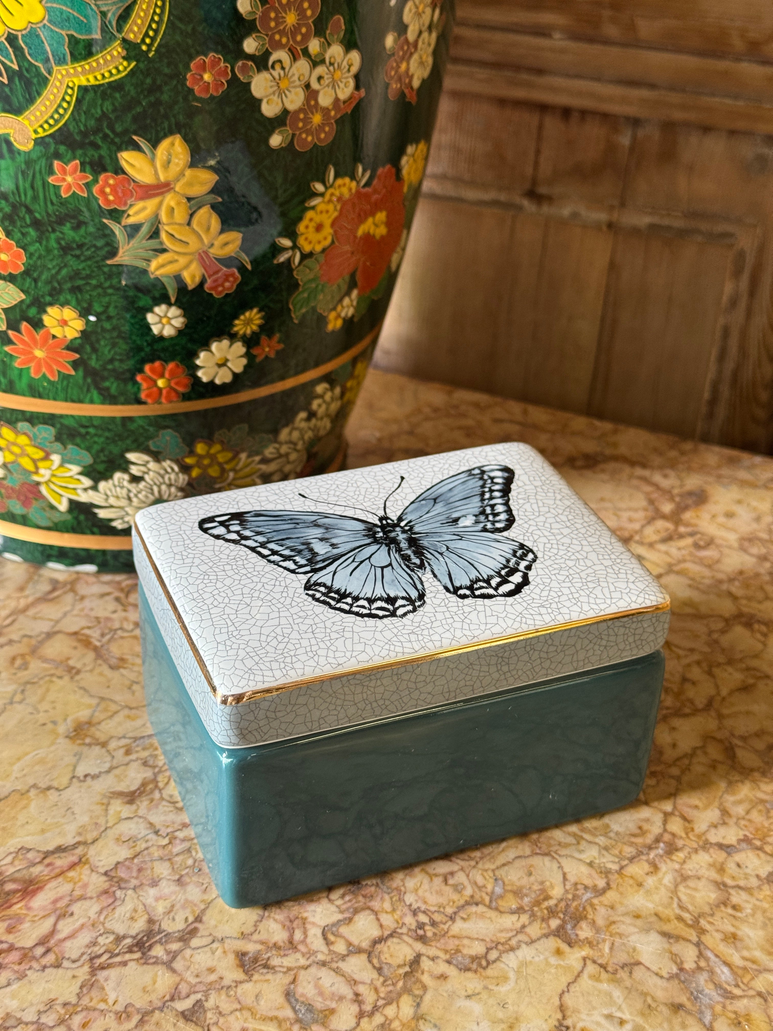 Butterfly Rectangle Lidded Trinket Box - Blue & White